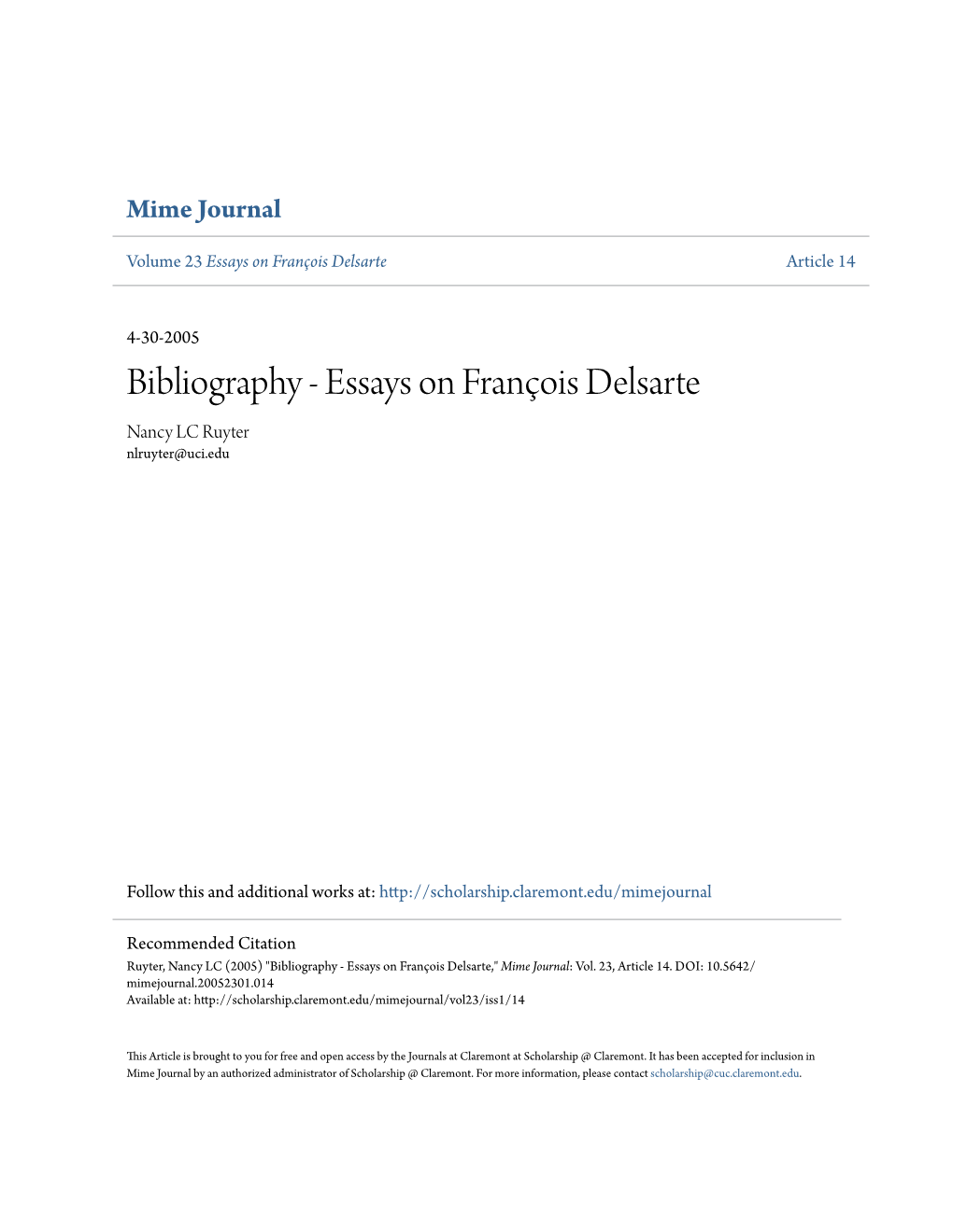 Bibliography - Essays on François Delsarte Nancy LC Ruyter Nlruyter@Uci.Edu