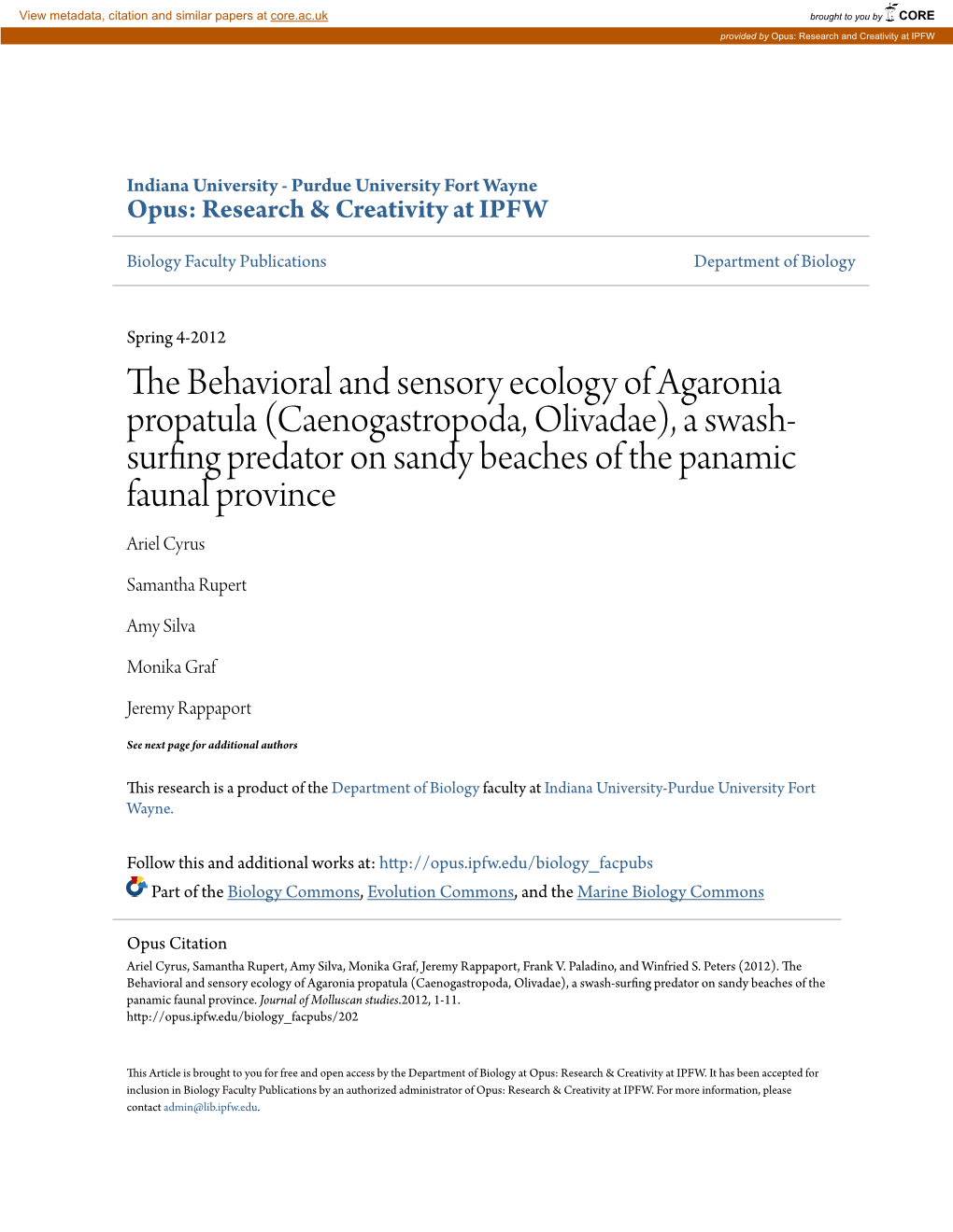 The Behavioral and Sensory Ecology of Agaronia Propatula
