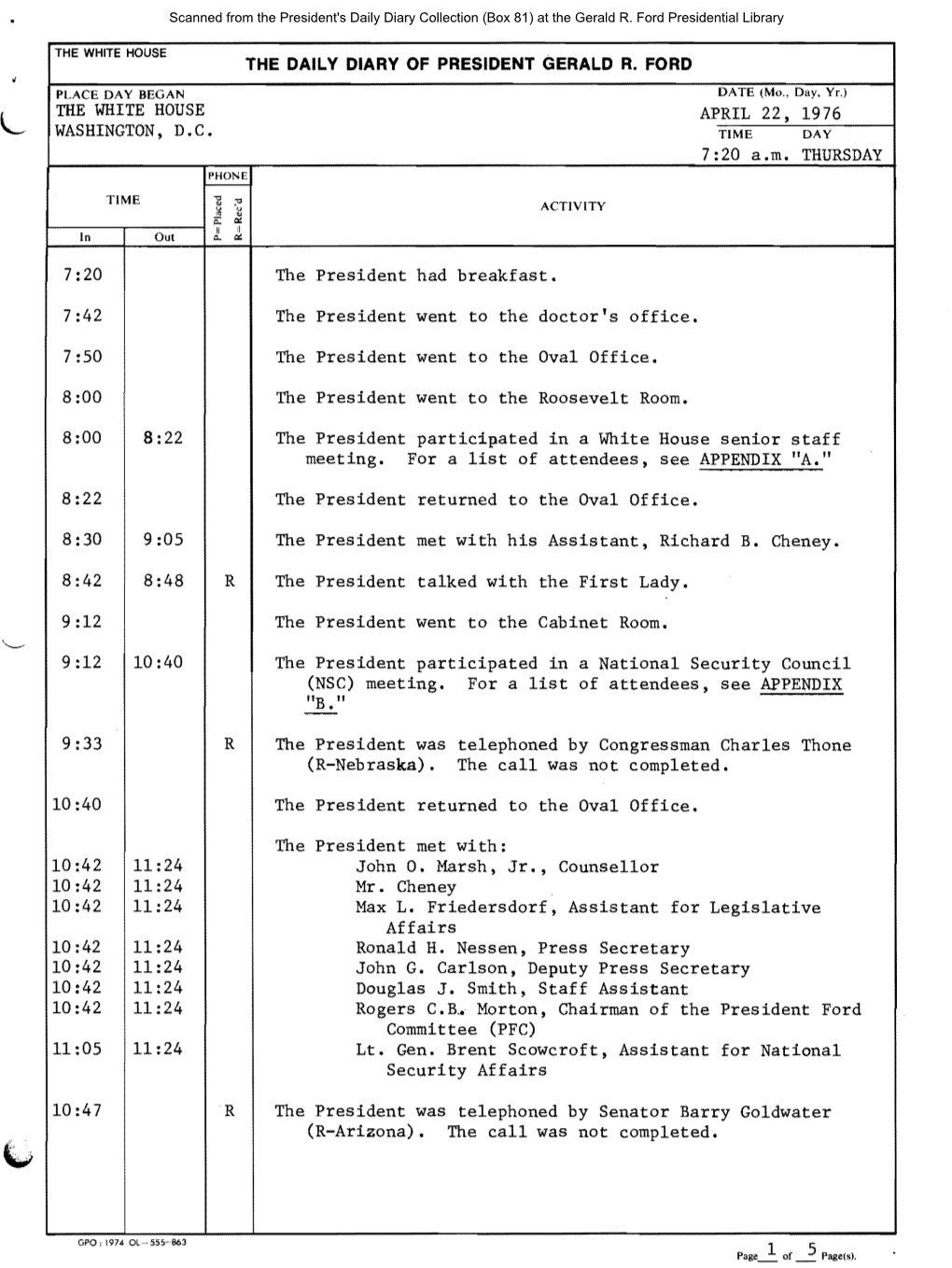 President's Daily Diary Collection (Box 81) at the Gerald R