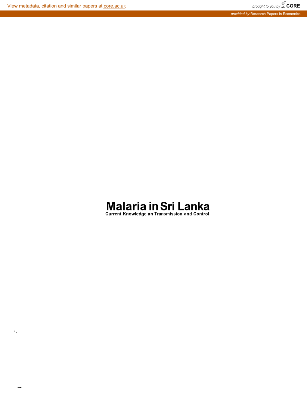 Malaria in Sri Lanka Current Knowledge an Transmission and Control Malaria in Sri Lanka Current Knowledge on Transmission and Control