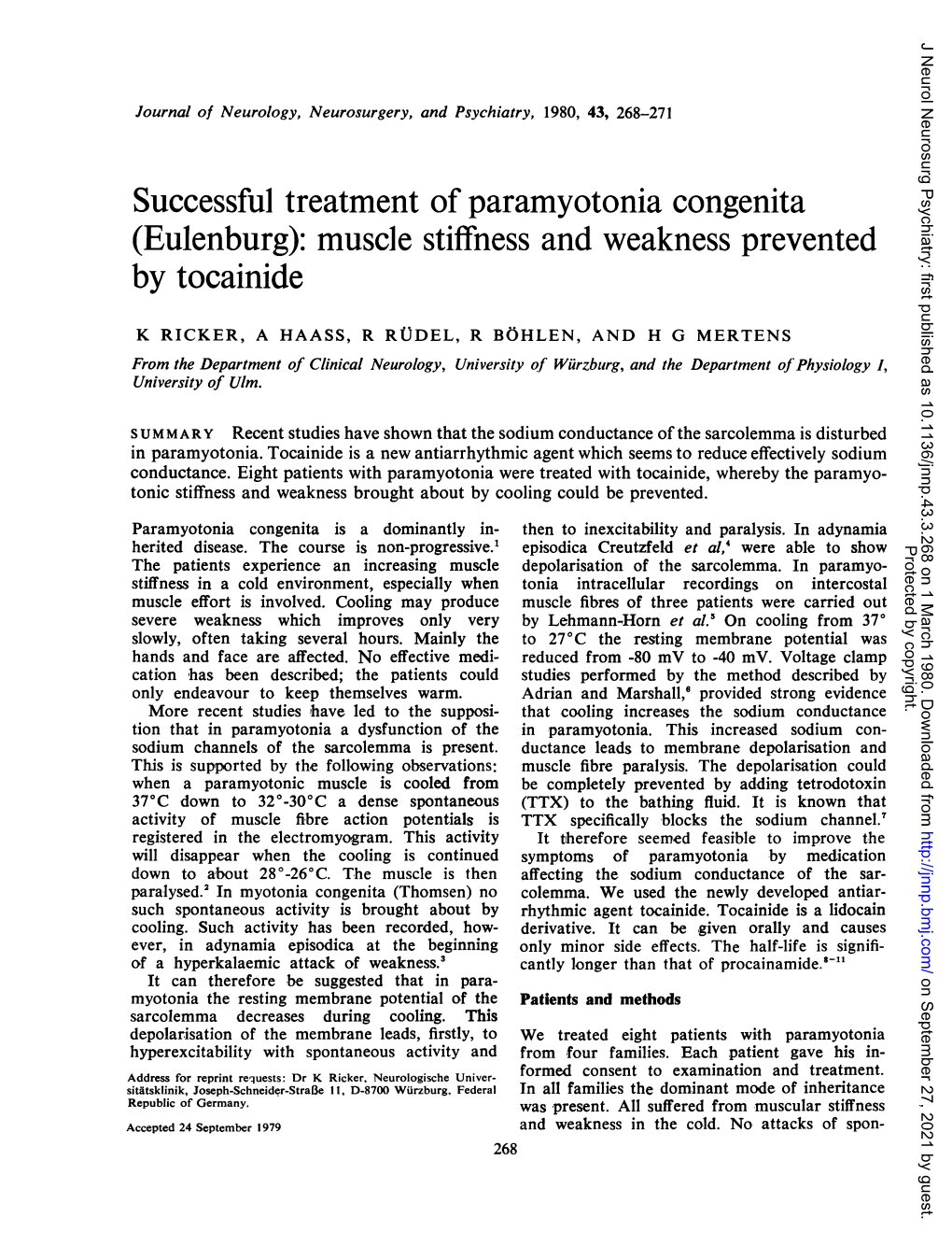 Successful Treatment of Paramyotonia Congenita by Tocainide