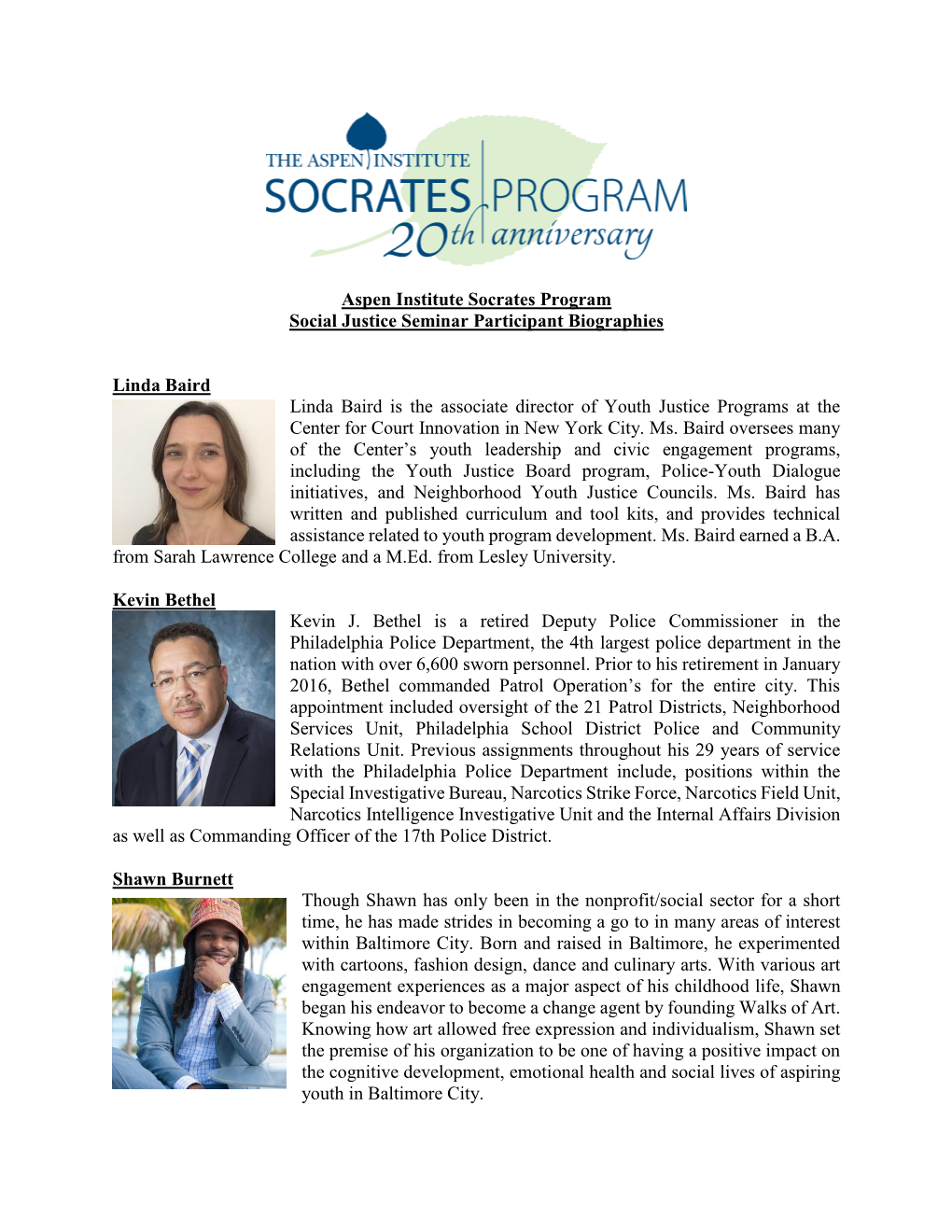 Aspen Institute Socrates Program Social Justice Seminar Participant Biographies