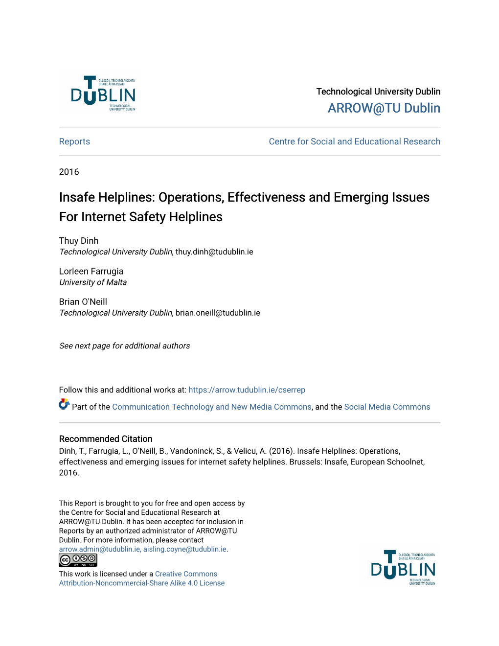 Insafe Helplines: Operations, Effectiveness and Emerging Issues for Internet Safety Helplines