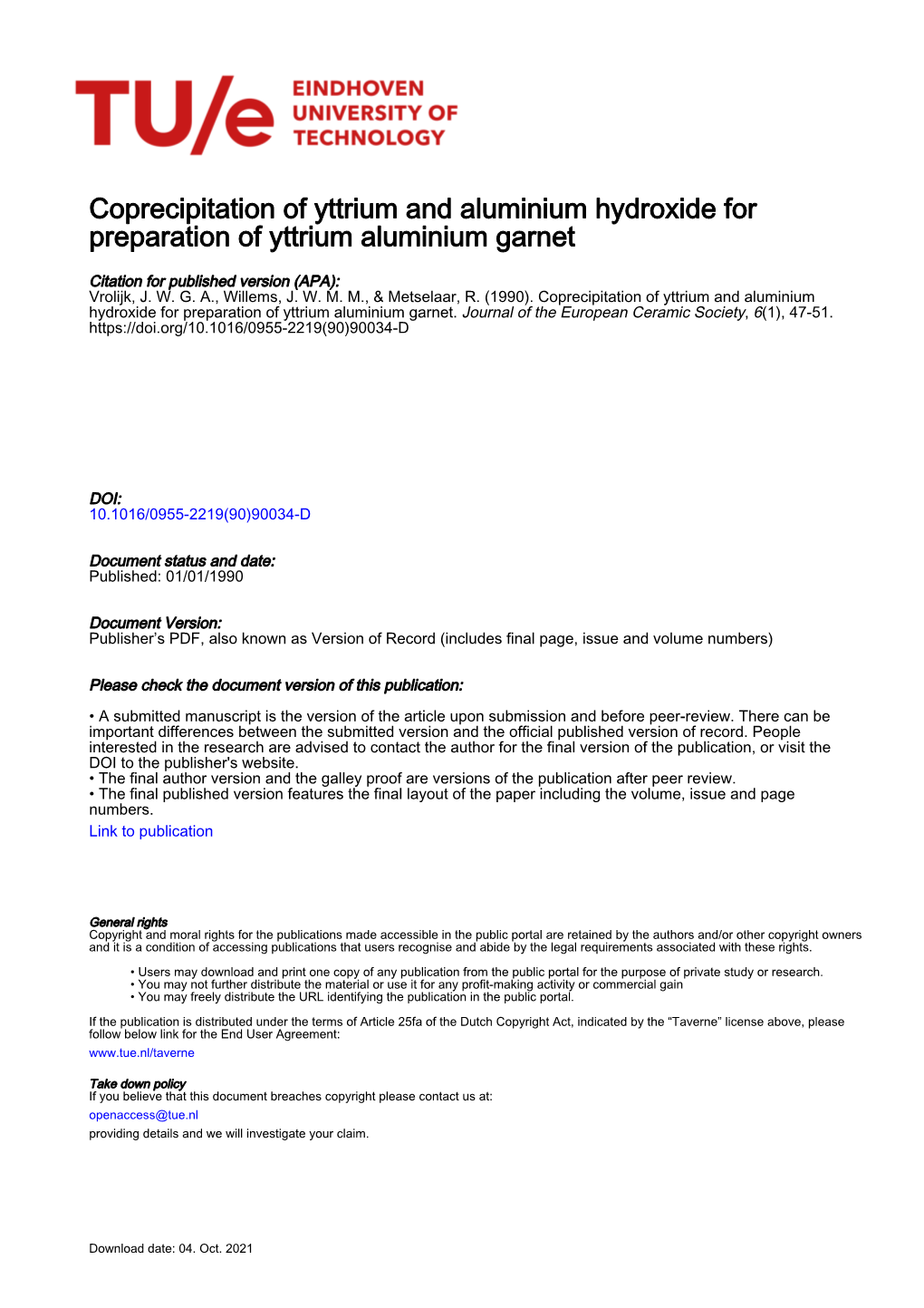 Coprecipitation of Yttrium and Aluminium Hydroxide for Preparation of Yttrium Aluminium Garnet