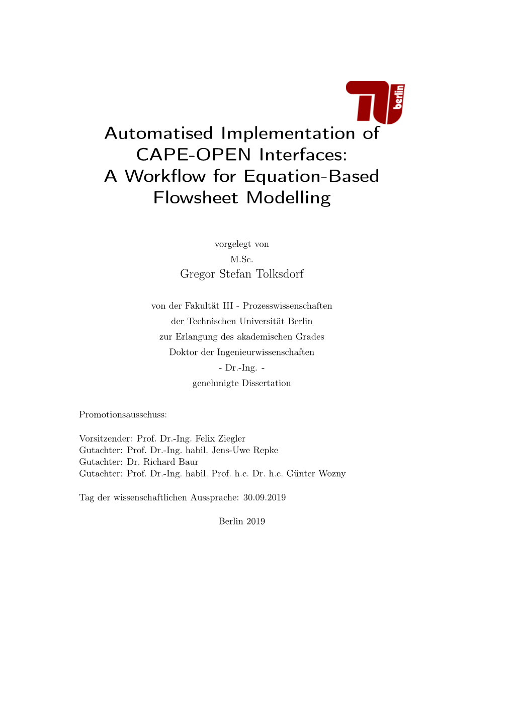 Automatised Implementation of CAPE-OPEN Interfaces: a Workfow for Equation-Based Flowsheet Modelling