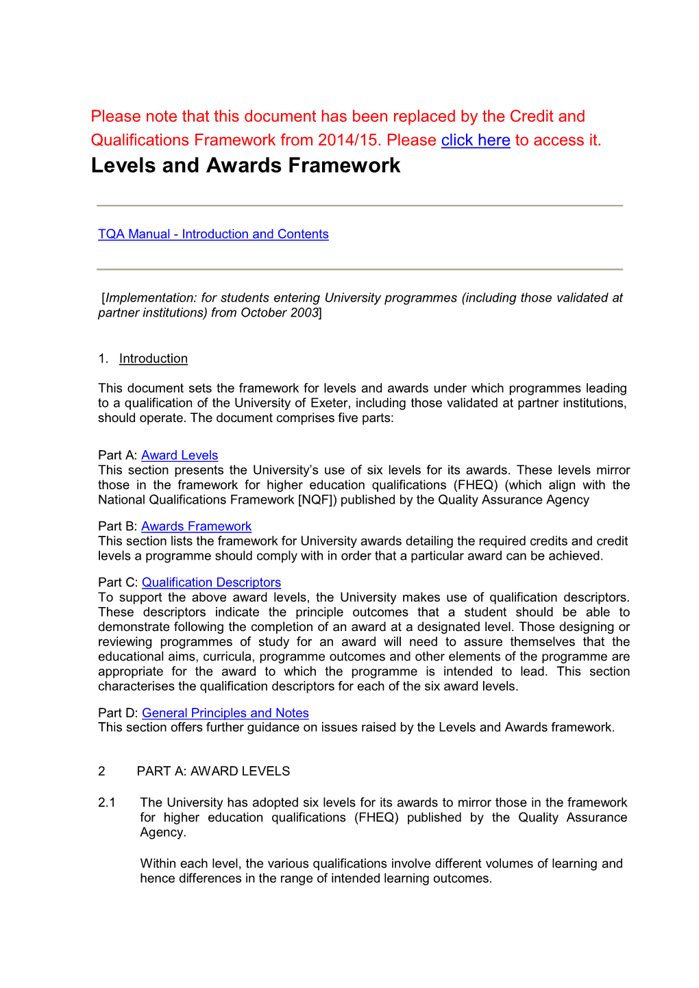 Levels and Awards Framework