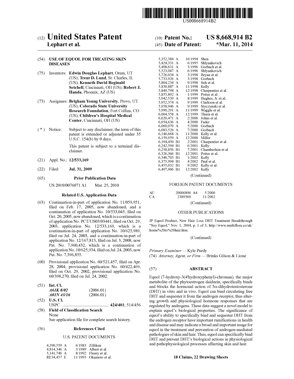 (12) United States Patent (10) Patent No.: US 8,668,914 B2 Lephart Et Al