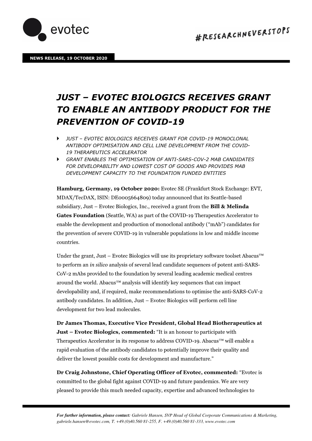 Just – Evotec Biologics Receives Grant to Enable an Antibody Product for the Prevention of Covid-19