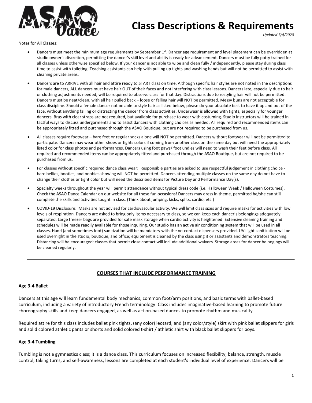 Class Descriptions & Requirements Updated 7/4/2020 Notes for All Classes: • Dancers Must Meet the Minimum Age Requirements by September 1St