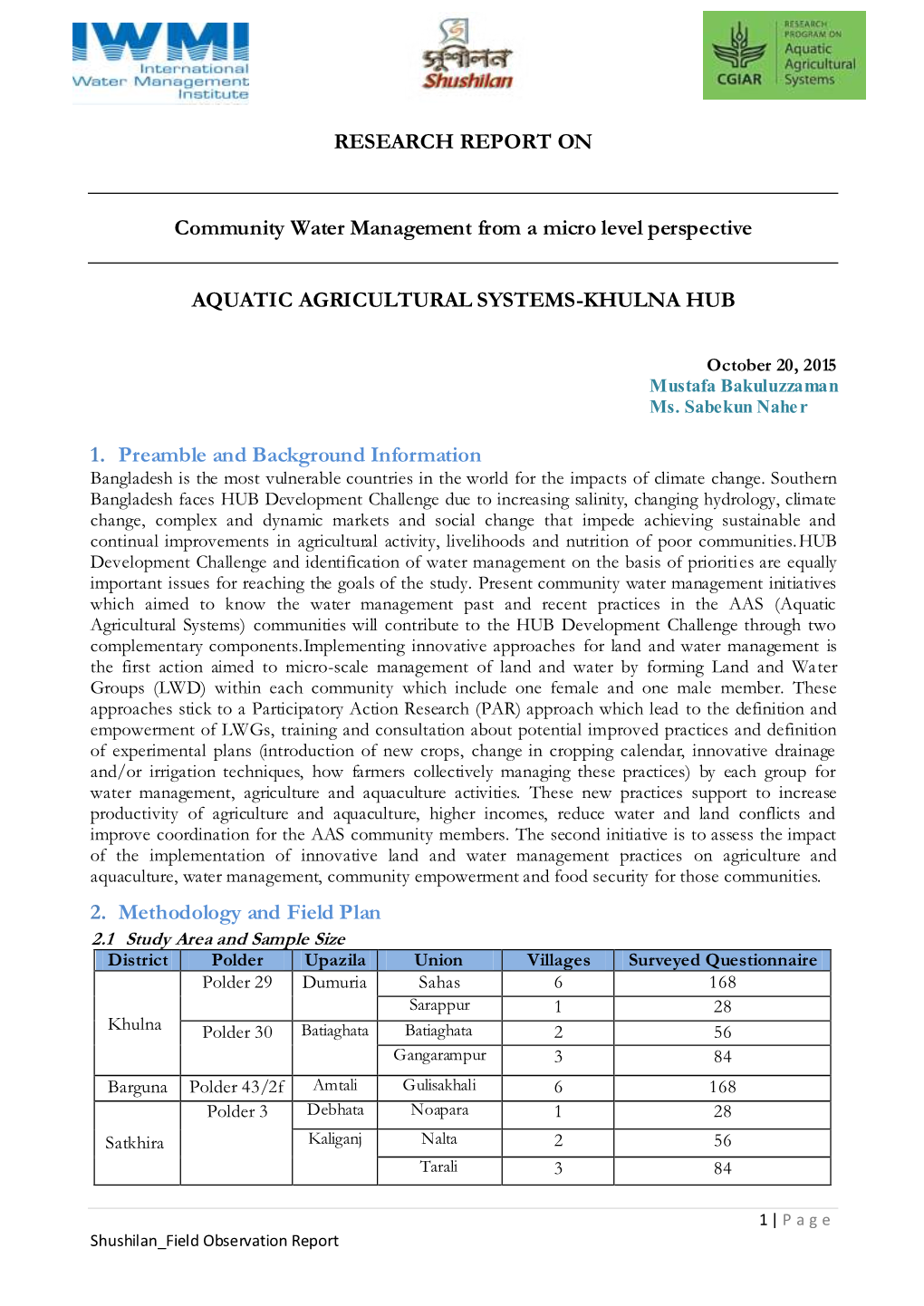 RESEARCH REPORT on Community Water Management from a Micro