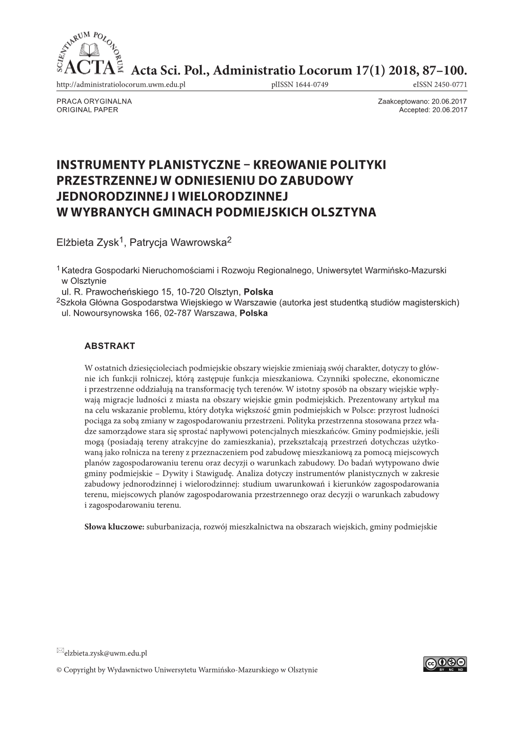 Acta Sci. Pol., Administratio Locorum 17(1) 2018, 87–100. Plissn 1644-0749 Eissn 2450-0771