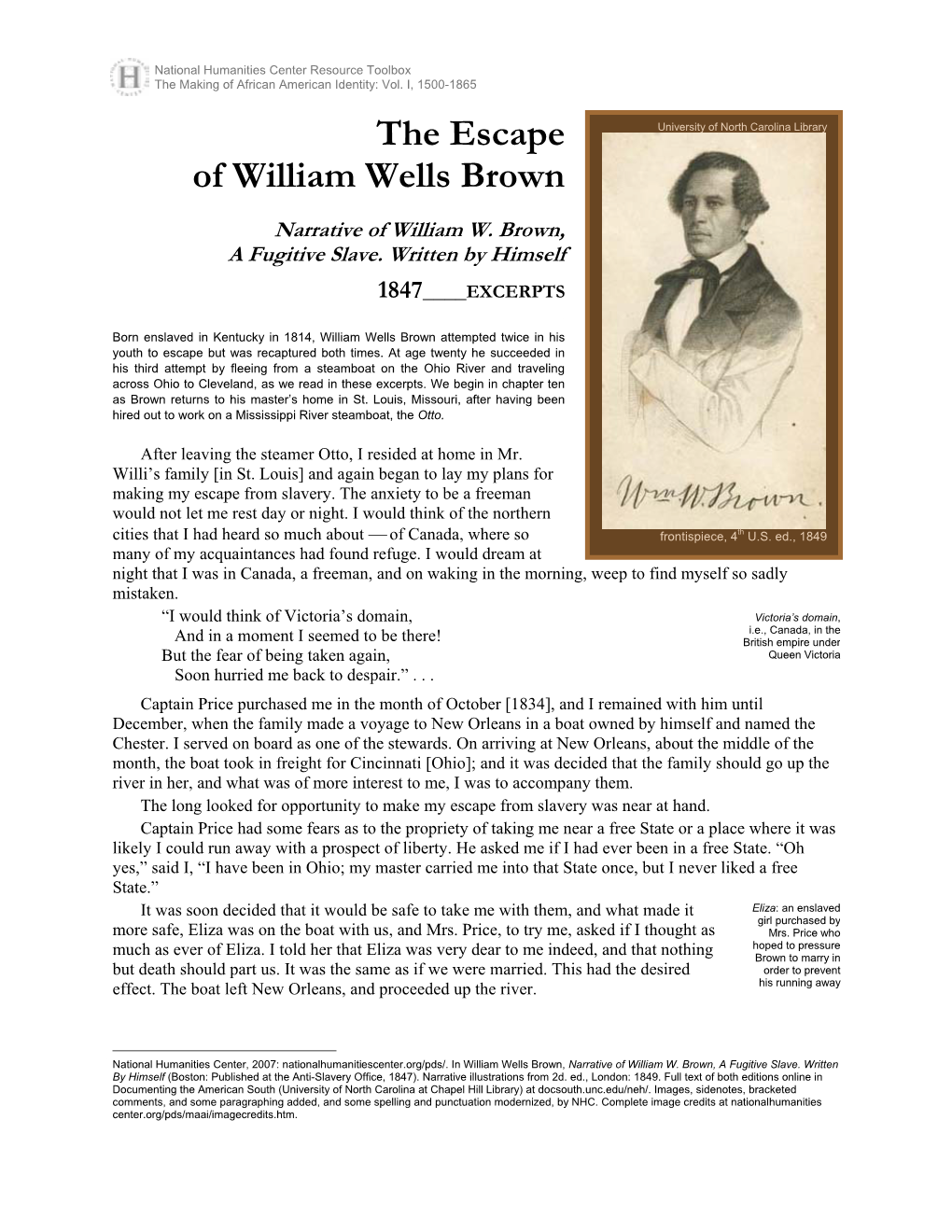 The Escape of William Wells Brown, Narrative of William W. Brown, a Fugitive Slave, 1847