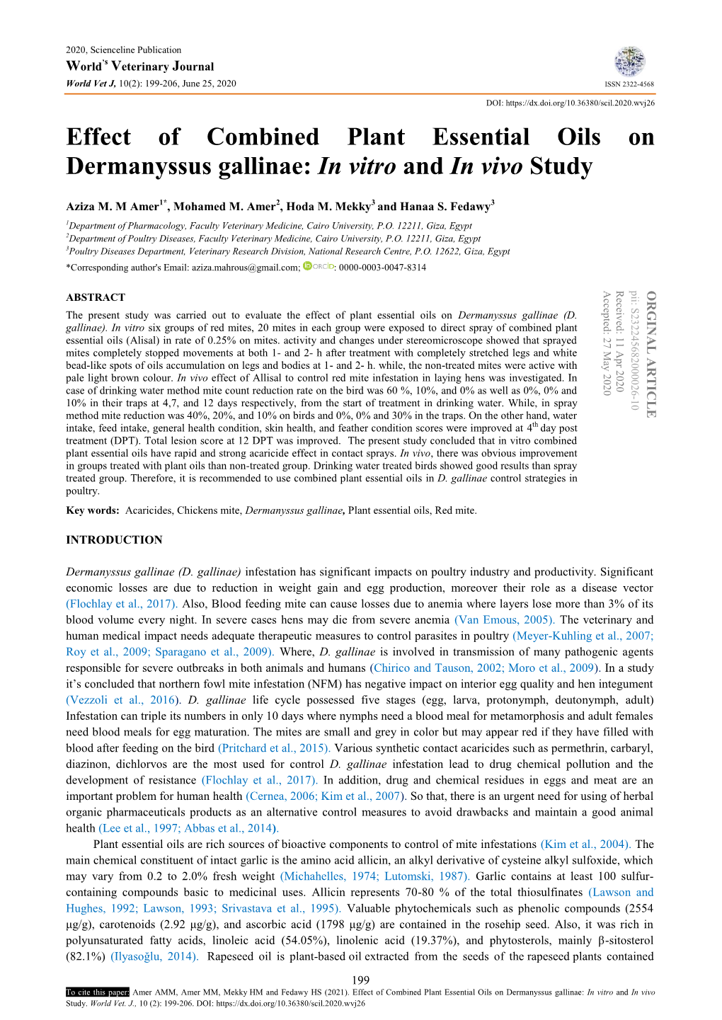 Effect of Combined Plant Essential Oils on Dermanyssus Gallinae: in Vitro and in Vivo Study