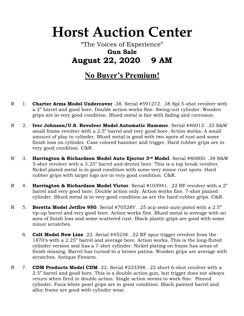 Horst Auction Center “The Voices of Experience” Gun Sale August 22, 2020 9 AM