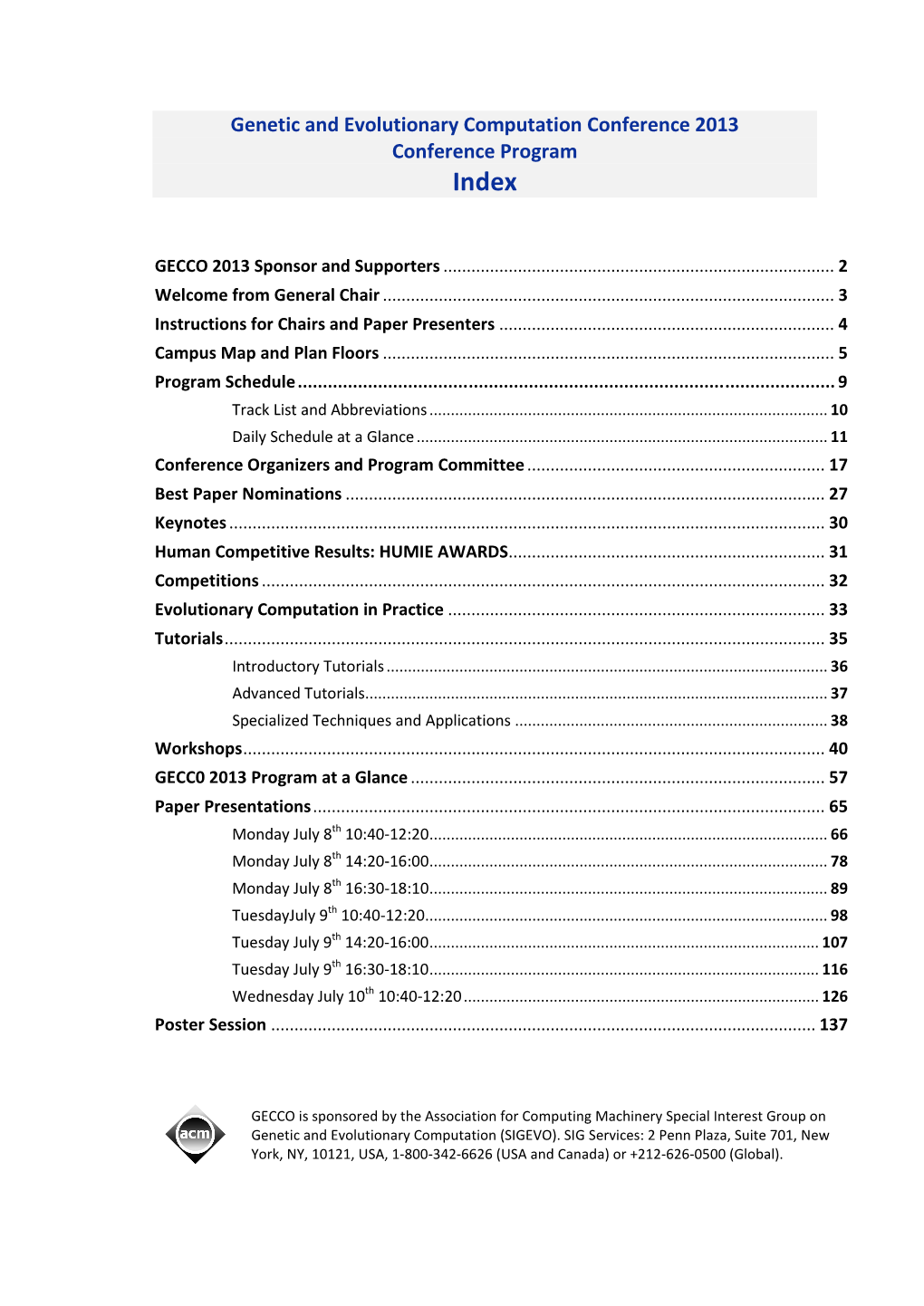 Genetic and Evolutionary Computation Conference 2013 Conference Program Index