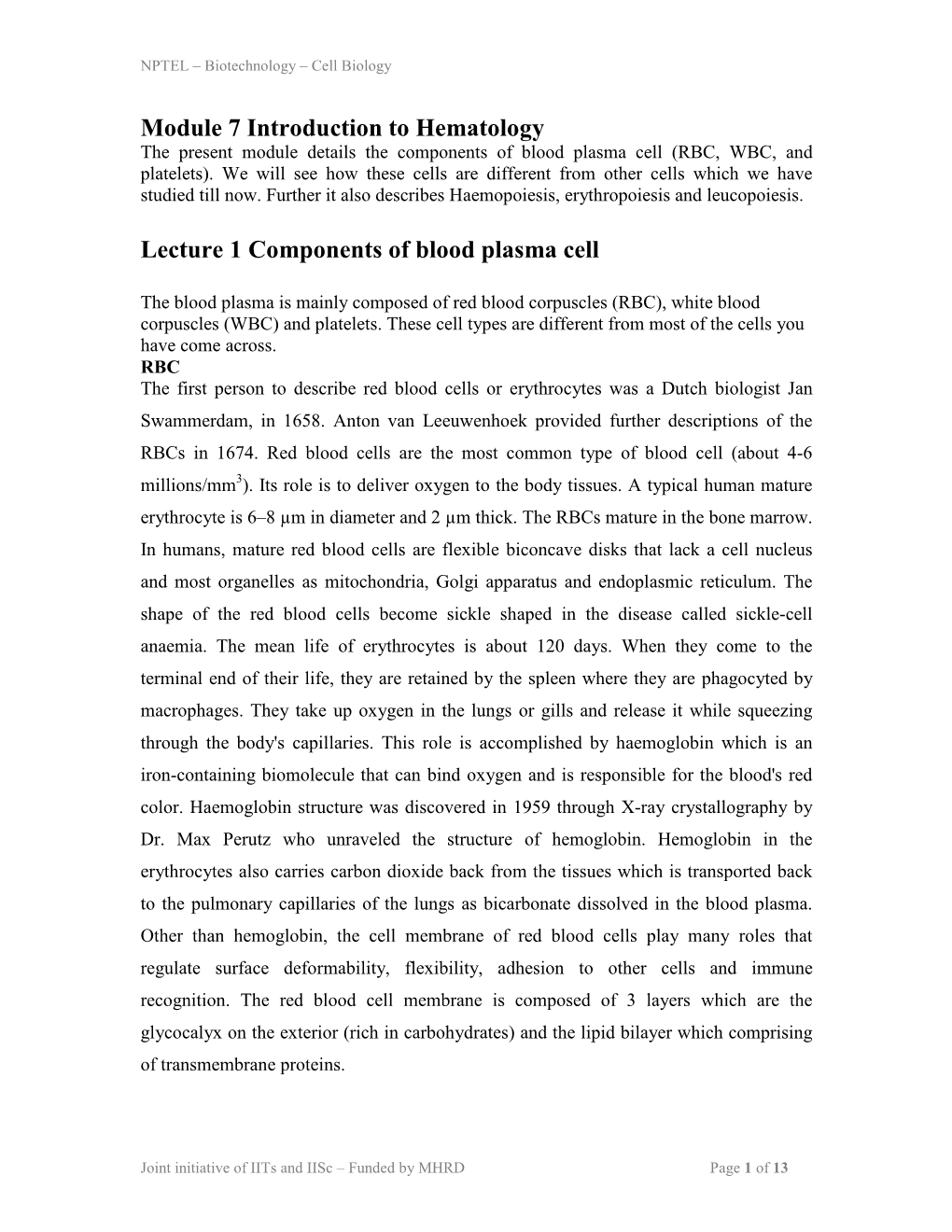 Module 7 Introduction to Hematology Lecture 1 Components Of