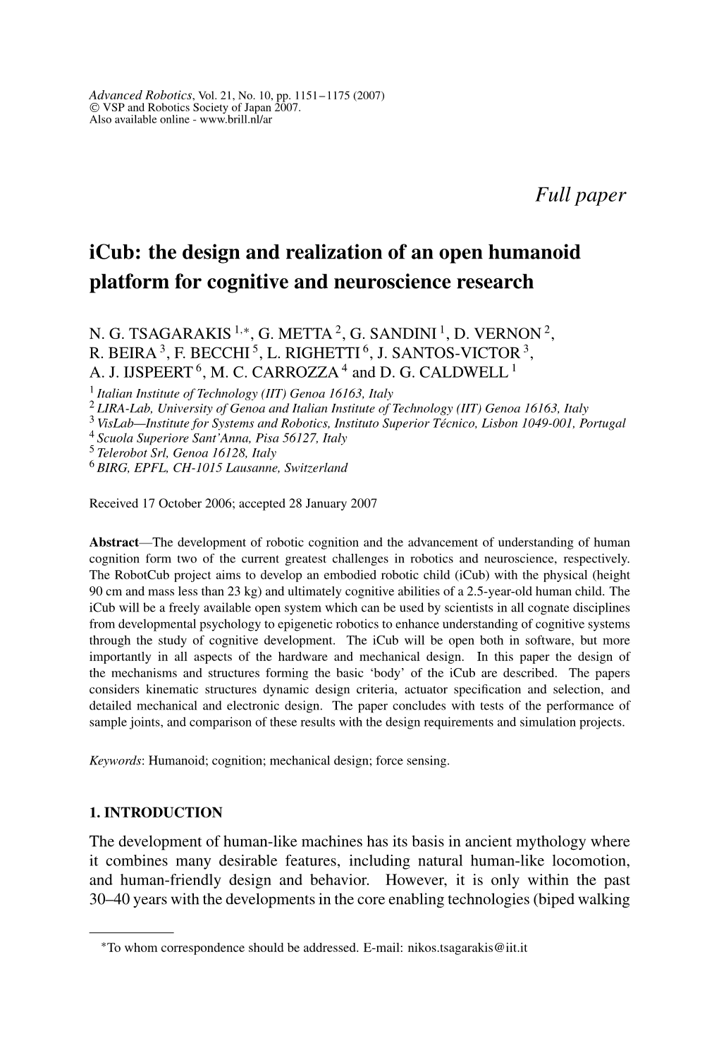 Full Paper Icub: the Design and Realization of an Open Humanoid Platform for Cognitive and Neuroscience Research