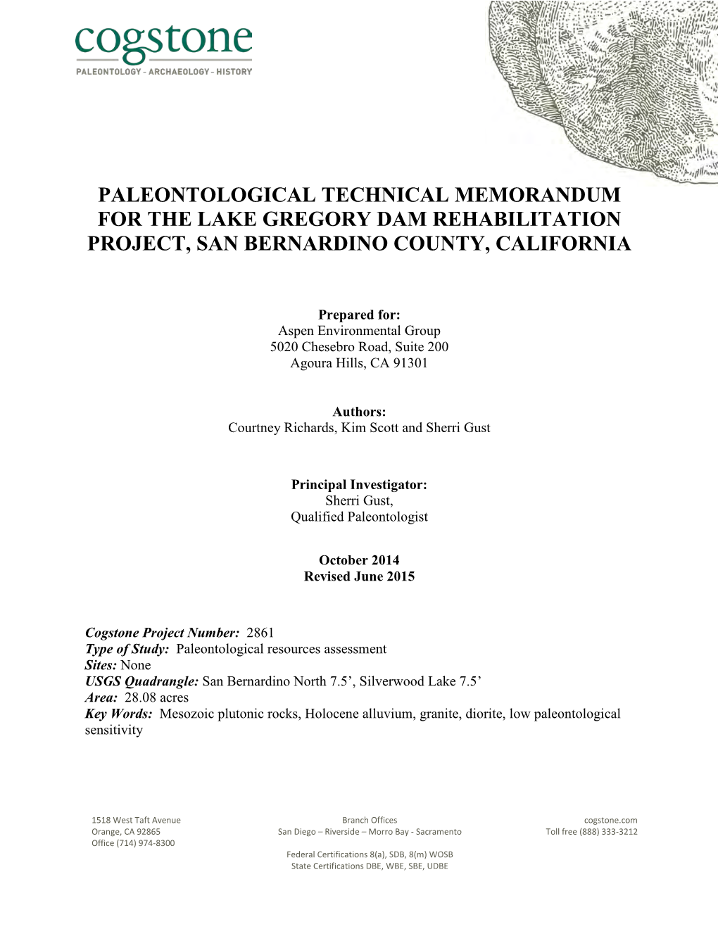 Paleontological Technical Memorandum for the Lake Gregory Dam Rehabilitation Project, San Bernardino County, California