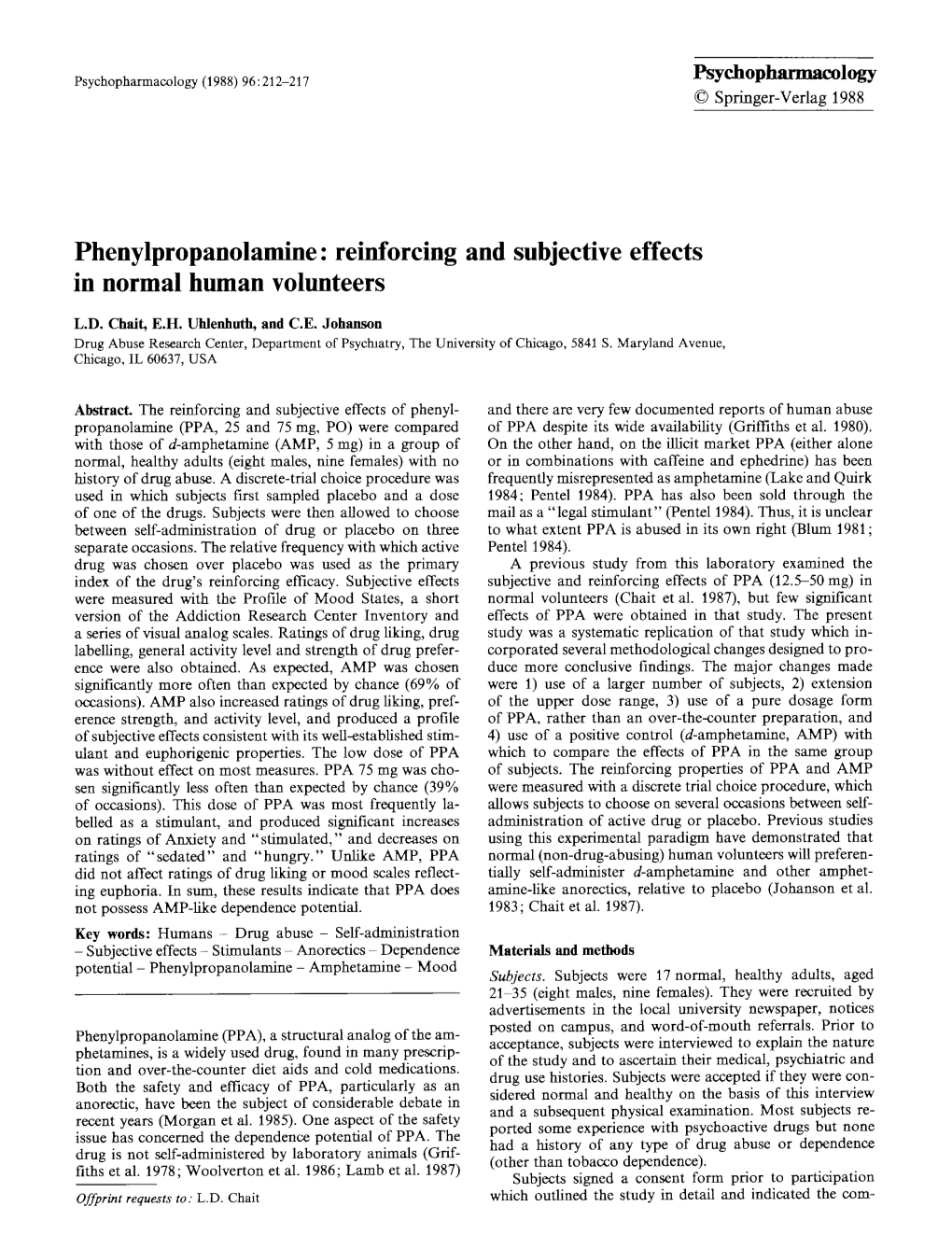 Phenylpropanolamine: Reinforcing and Subjective Effects in Normal Human Volunteers