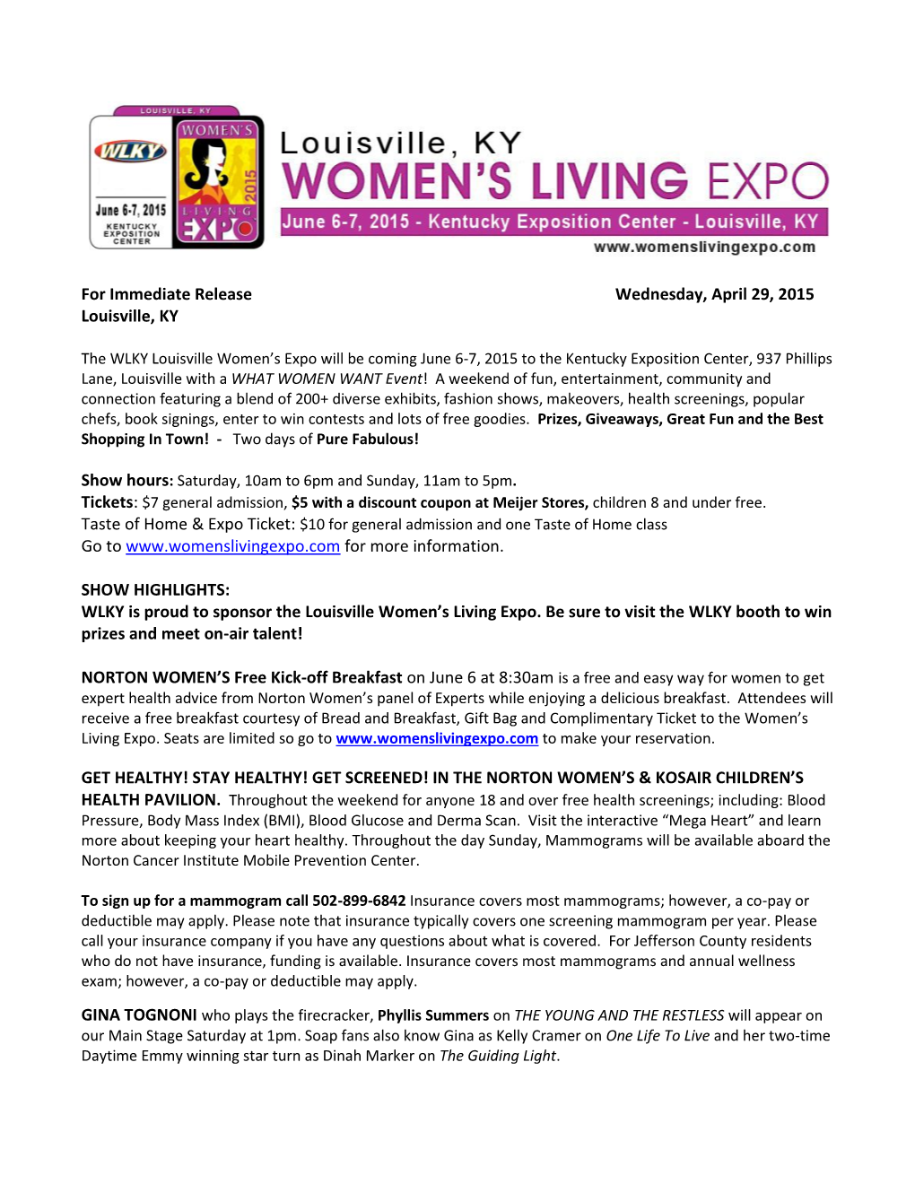 WLKY Women's Living Expo Press Release