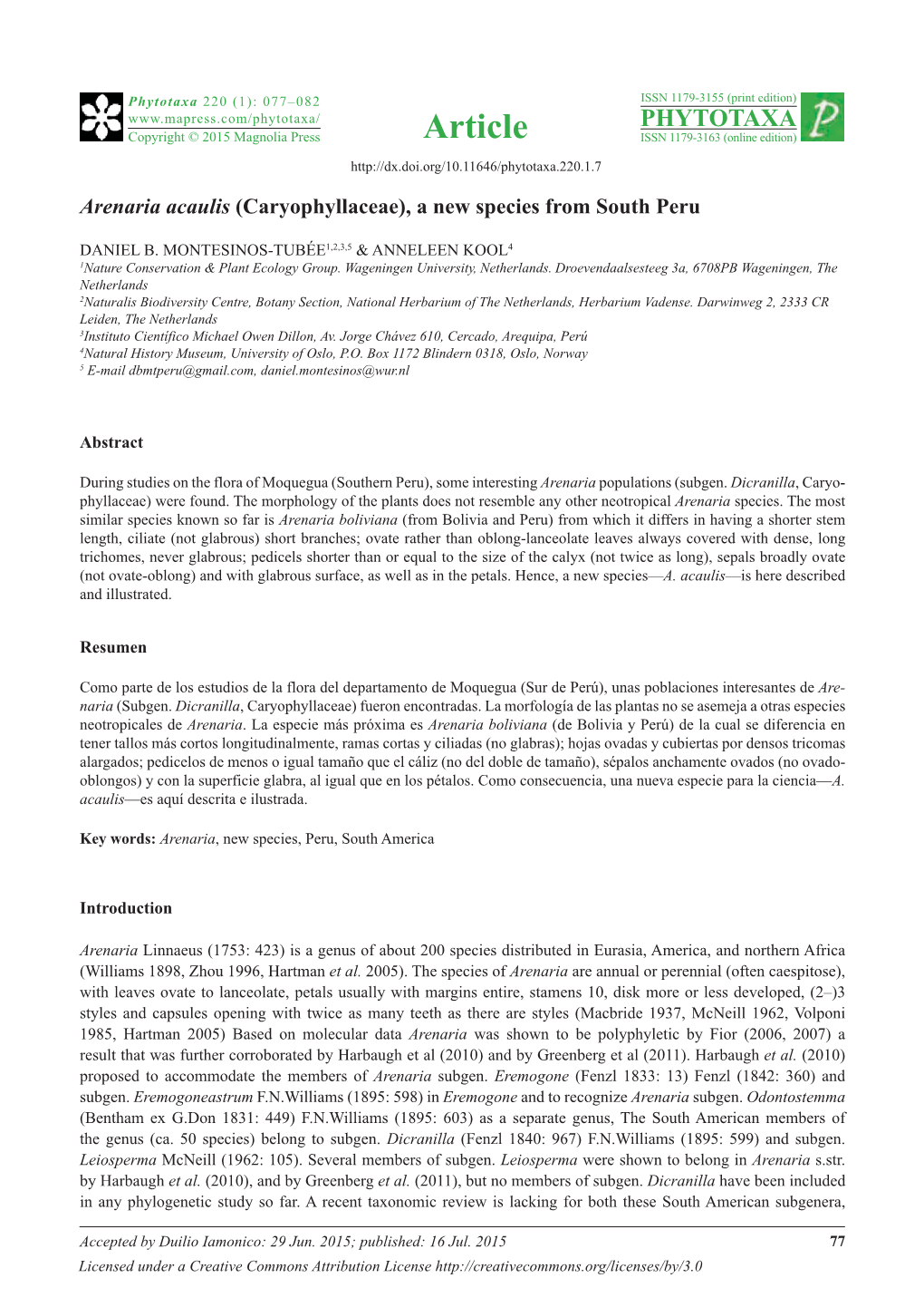 Arenaria Acaulis (Caryophyllaceae), a New Species from South Peru