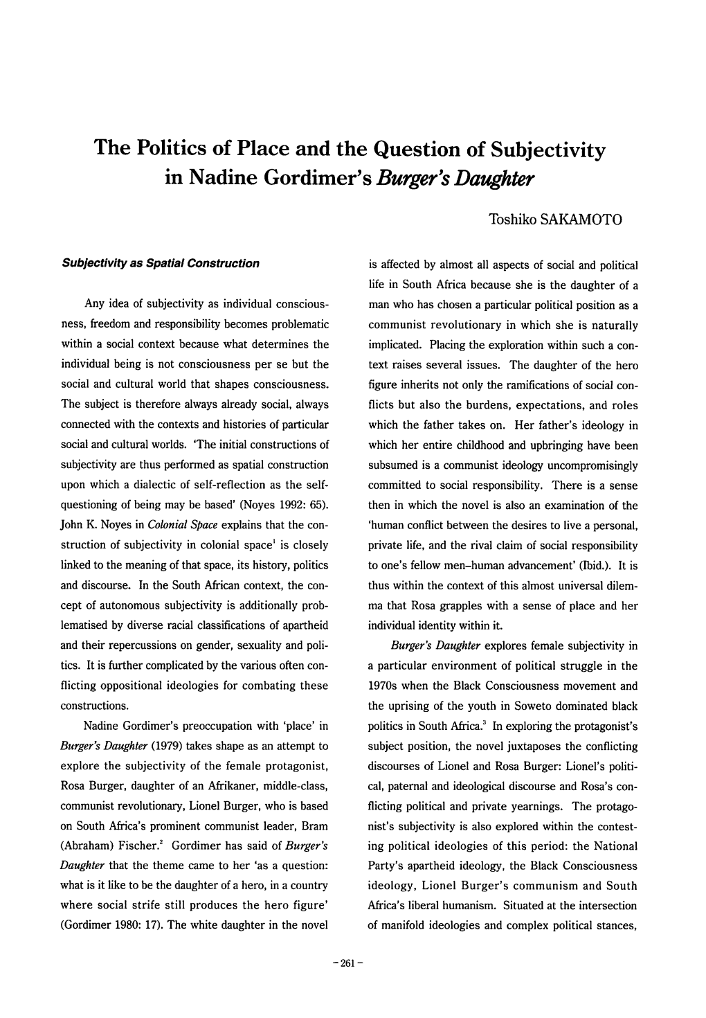 The Politics of Place and the Question of Subjectivity in Nadine Gordimer's Burger's Daughter