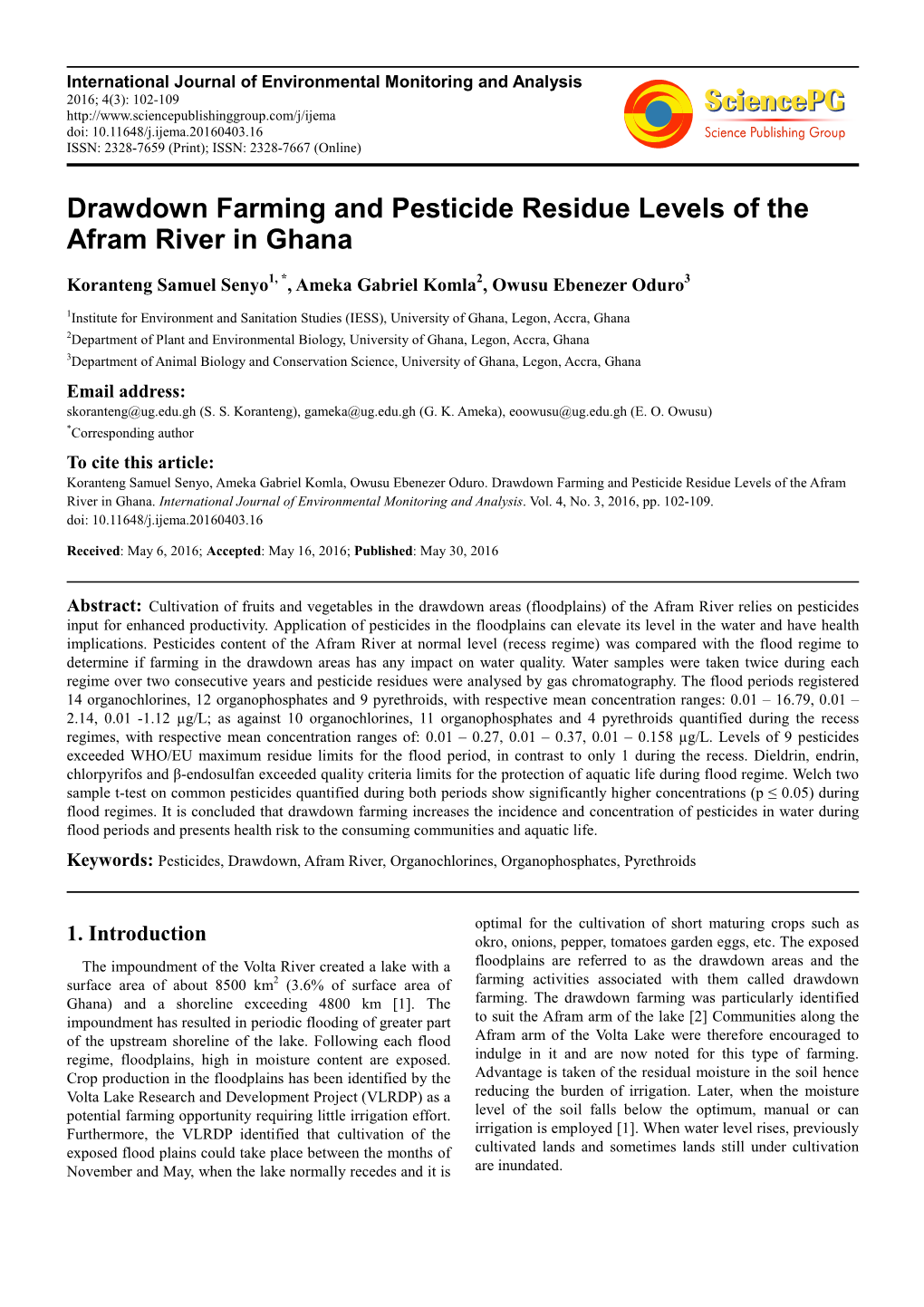 Drawdown Farming and Pesticide Residue Levels of the Afram River in Ghana