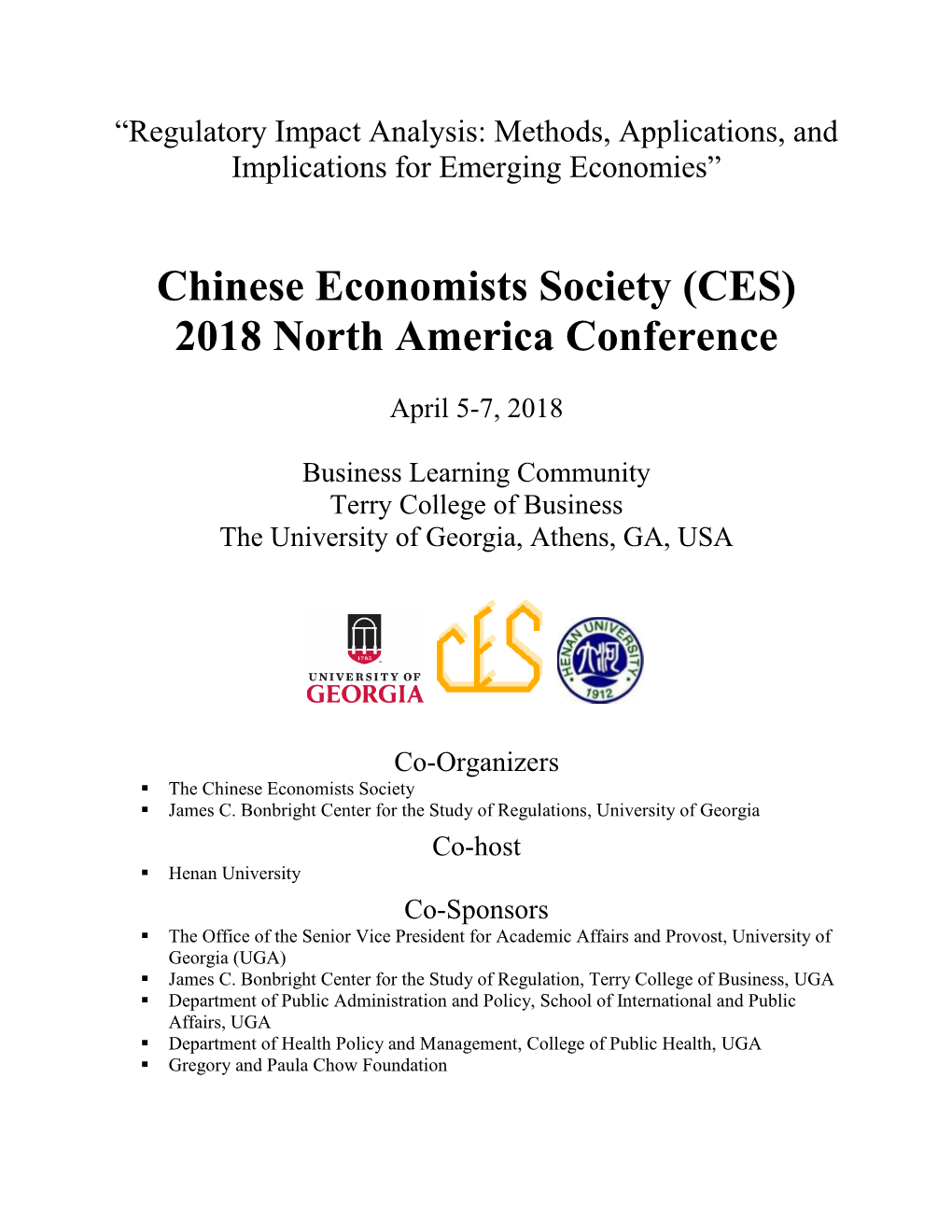 Chinese Economists Society (CES) 2018 North America Conference