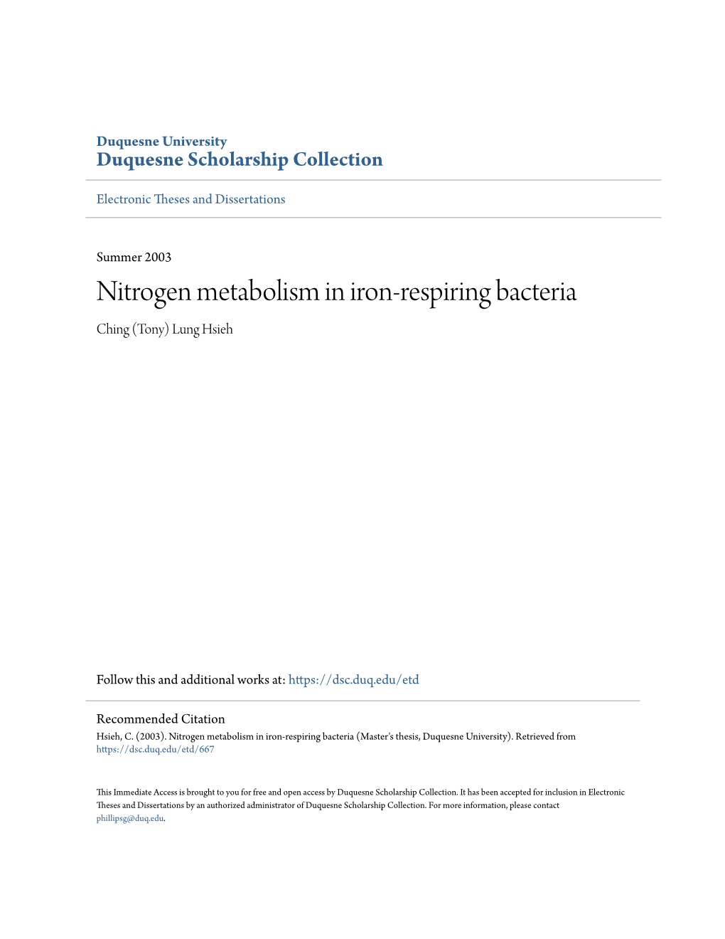 Nitrogen Metabolism in Iron-Respiring Bacteria Ching (Tony) Lung Hsieh