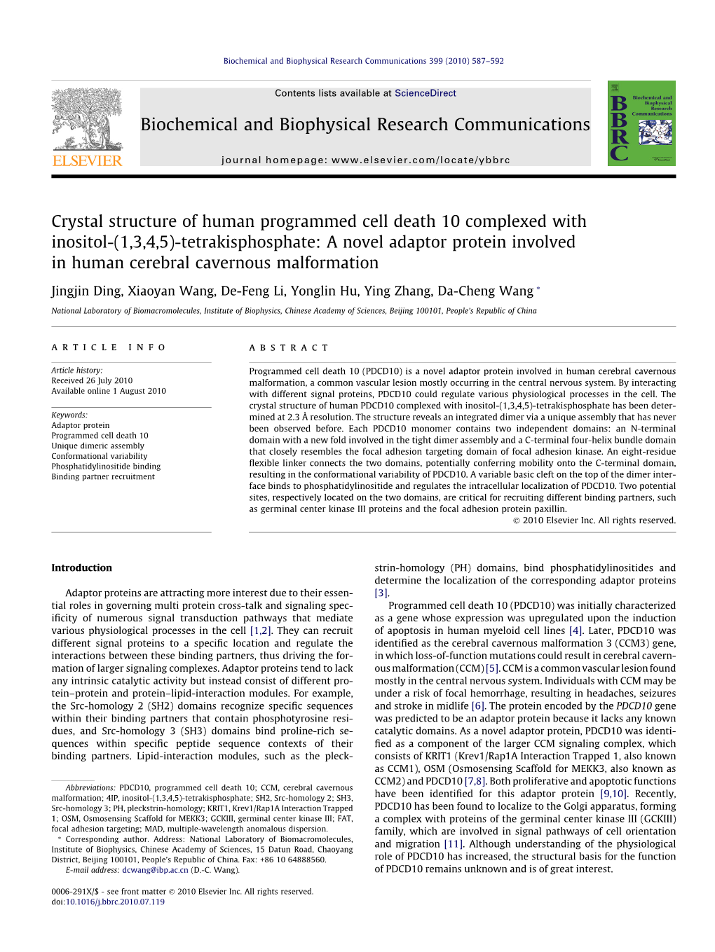 Tetrakisphosphate: a Novel Adaptor Protein Involved in Human Cerebral Cavernous Malformation