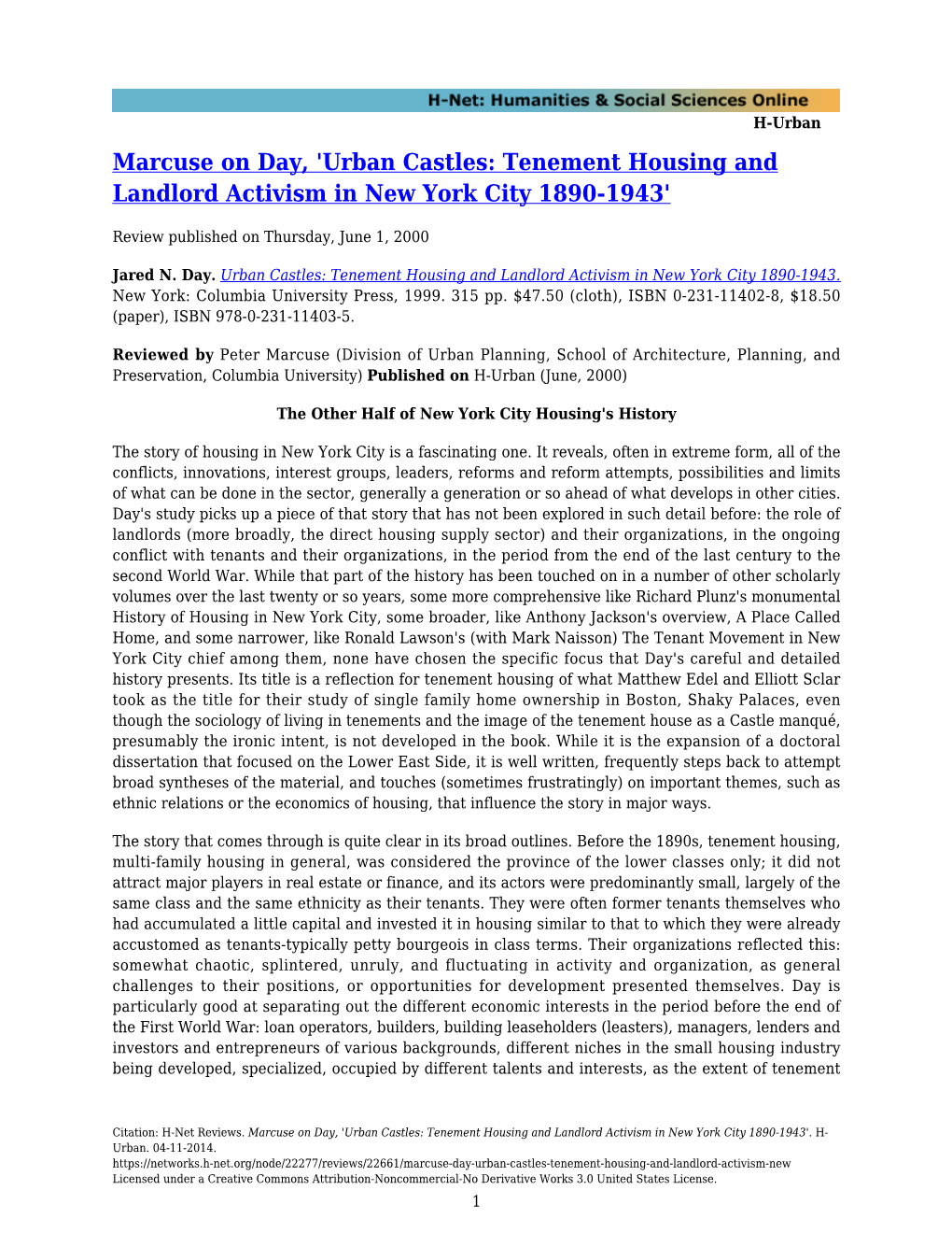 Marcuse on Day, 'Urban Castles: Tenement Housing and Landlord Activism in New York City 1890-1943'