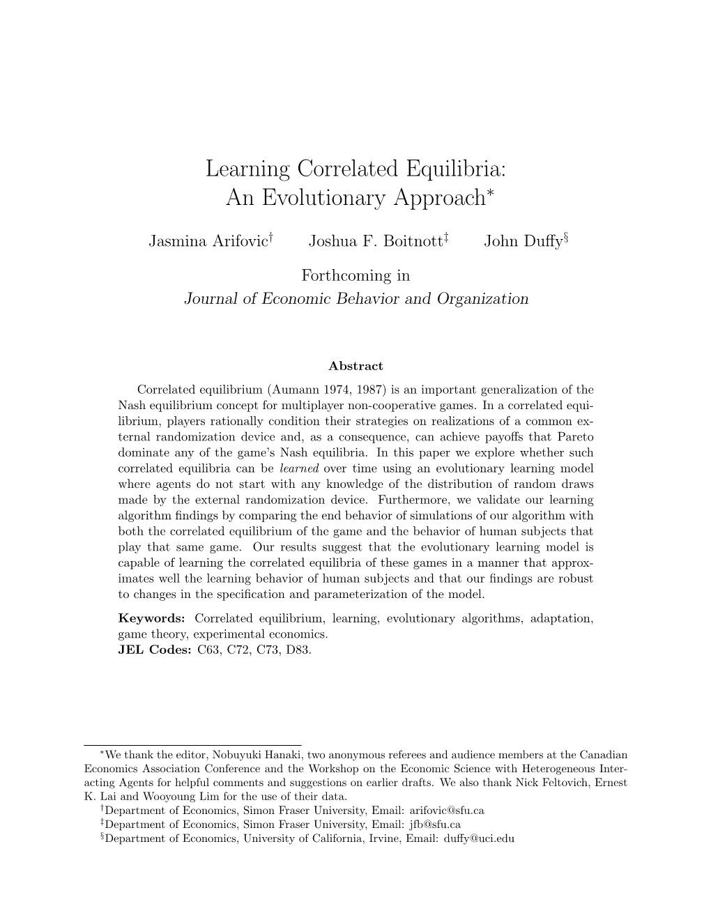 Learning Correlated Equilibria: an Evolutionary Approach∗