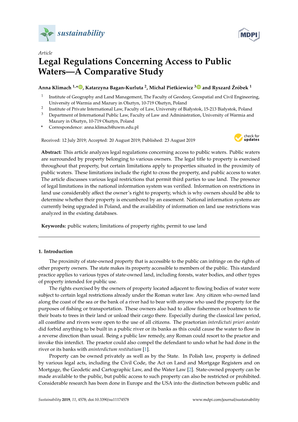 Legal Regulations Concerning Access to Public Waters—A Comparative Study