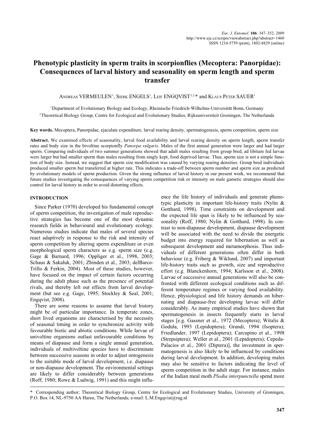 Mecoptera: Panorpidae): Consequences of Larval History and Seasonality on Sperm Length and Sperm Transfer