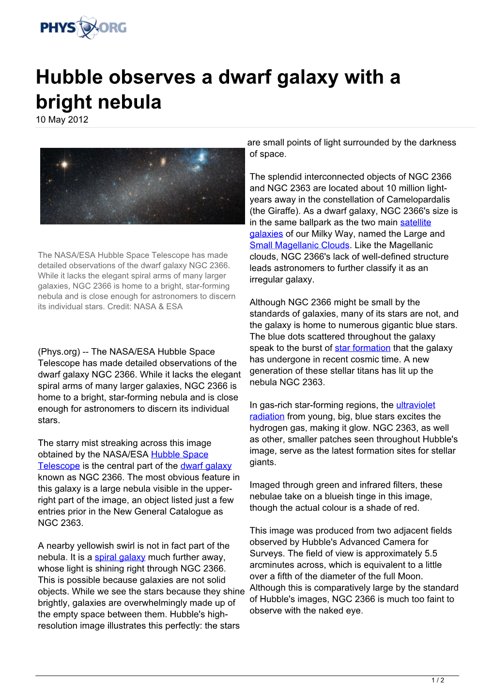 Hubble Observes a Dwarf Galaxy with a Bright Nebula 10 May 2012