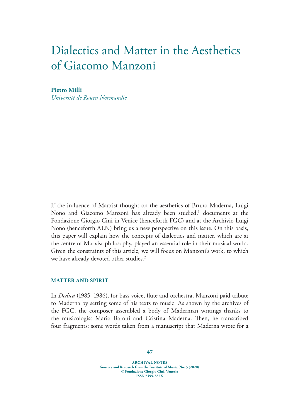 Dialectics and Matter in the Aesthetics of Giacomo Manzoni