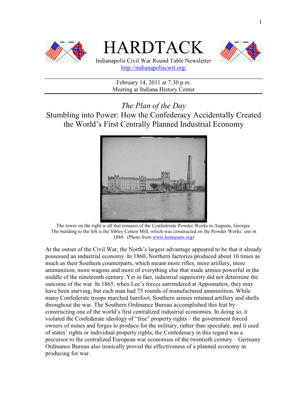 HARDTACK Indianapolis Civil War Round Table Newsletter