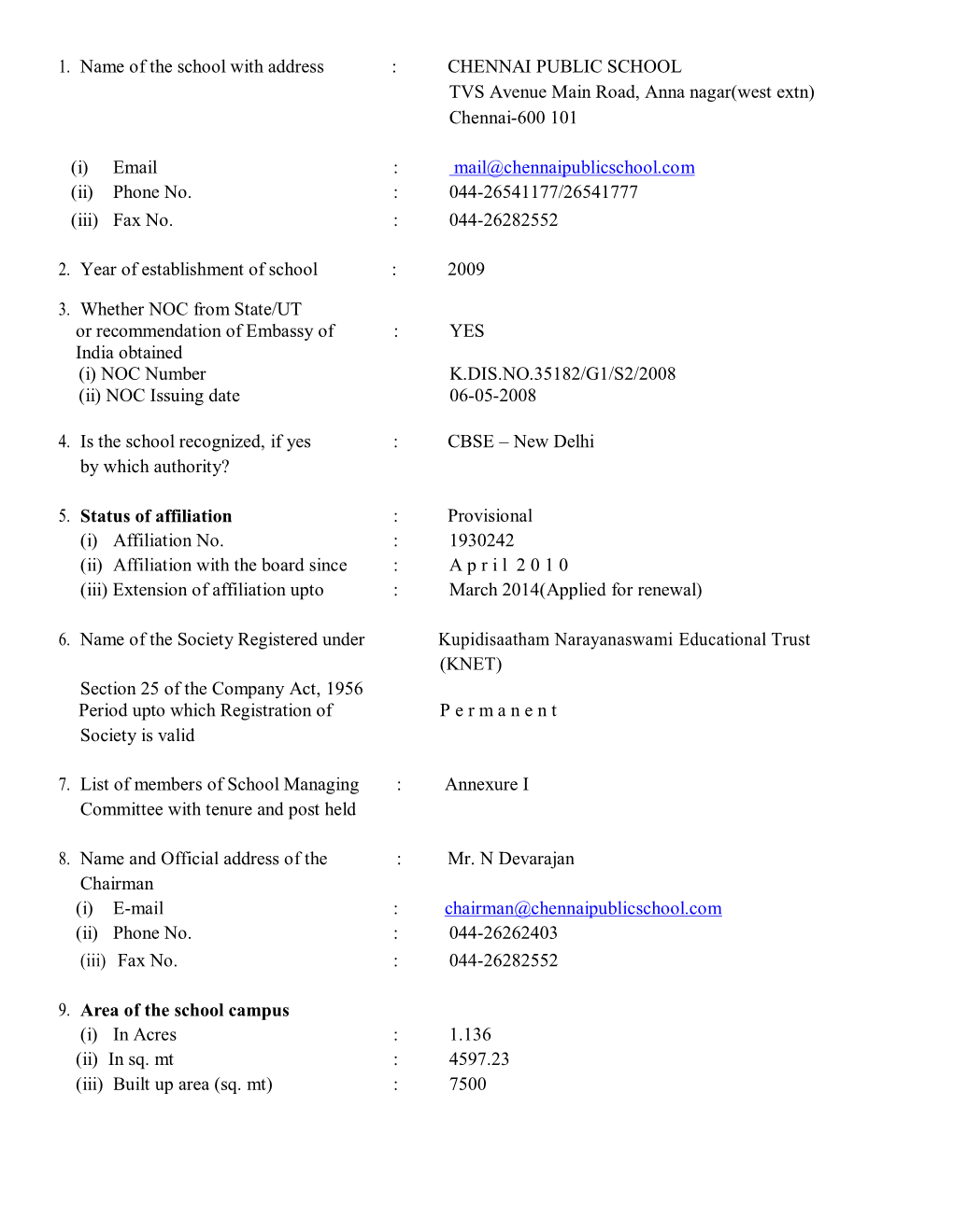 1. Name of the School with Address : CHENNAI PUBLIC SCHOOL TVS Avenue Main Road, Anna Nagar(West Extn) Chennai-600 101 (I) Email