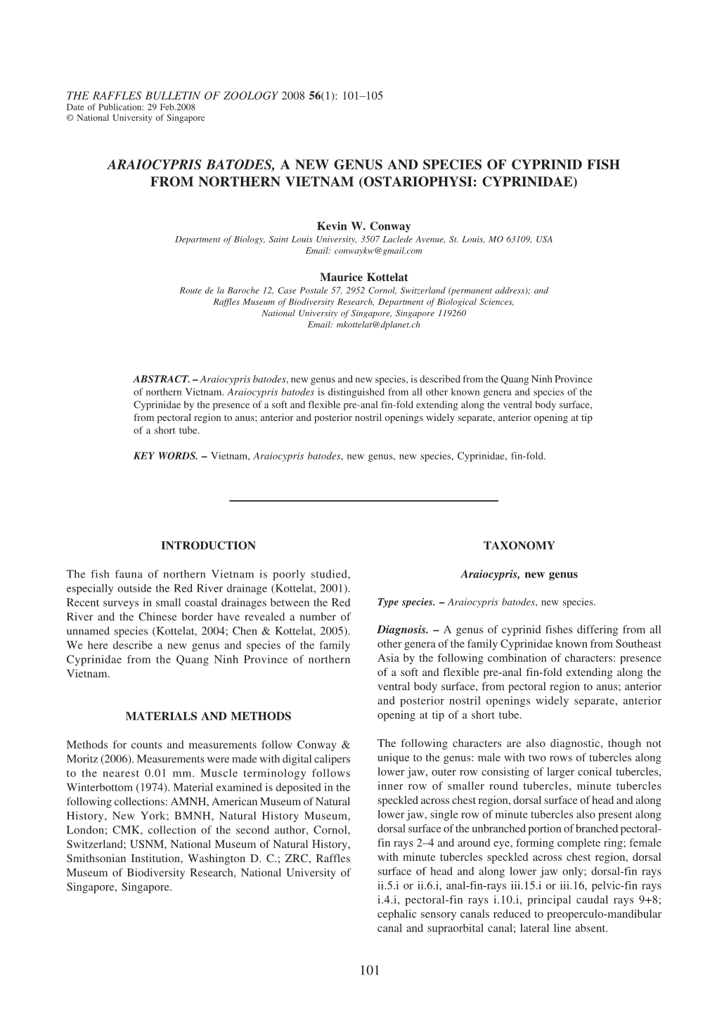 101 Araiocypris Batodes, a New Genus and Species of Cyprinid Fish from Northern Vietnam (Ostariophysi: Cyprinidae)