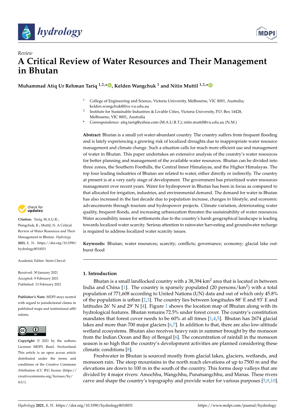 A Critical Review of Water Resources and Their Management in Bhutan