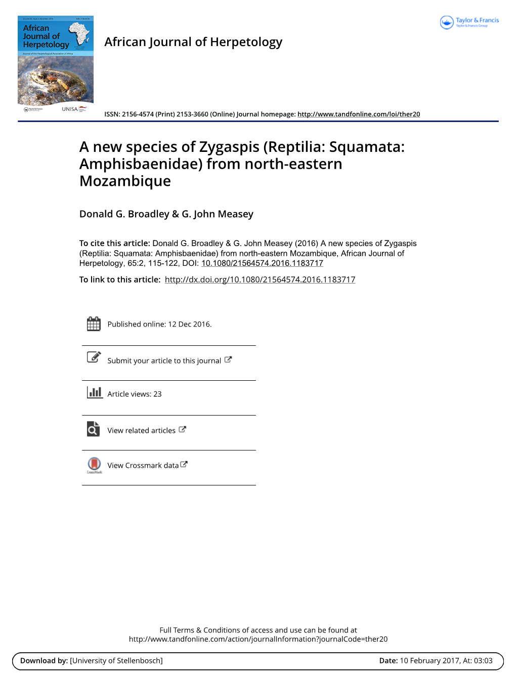 A New Species of Zygaspis (Reptilia: Squamata: Amphisbaenidae) from North-Eastern Mozambique