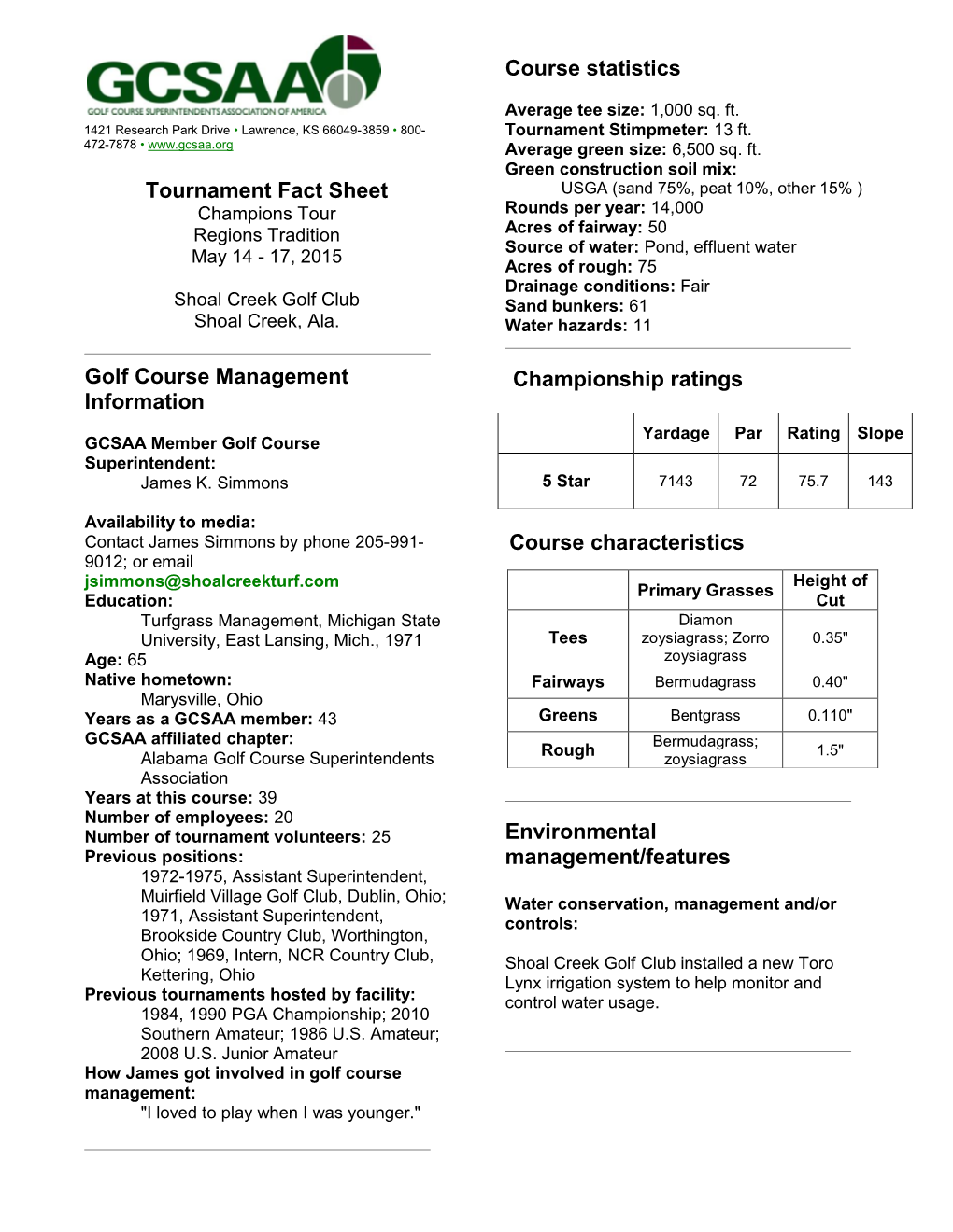 Tournament Fact Sheet Golf Course Management Information Course