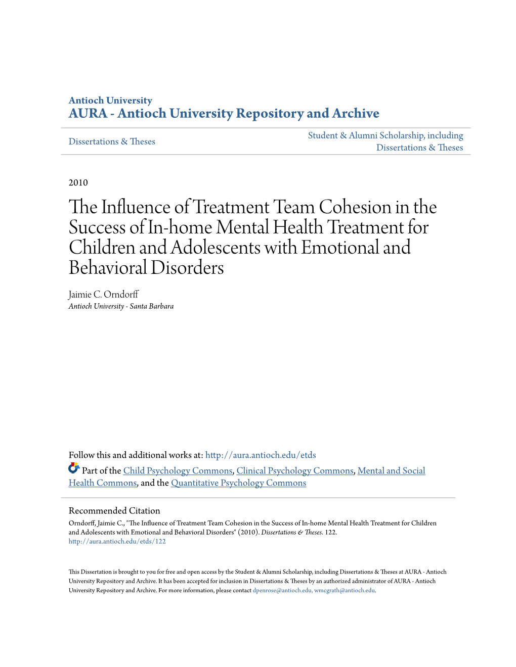 The Influence of Treatment Team Cohesion in the Success of In-Home Mental Health Treatment for Children and Adolescents with Emotional and Behavioral Disorders
