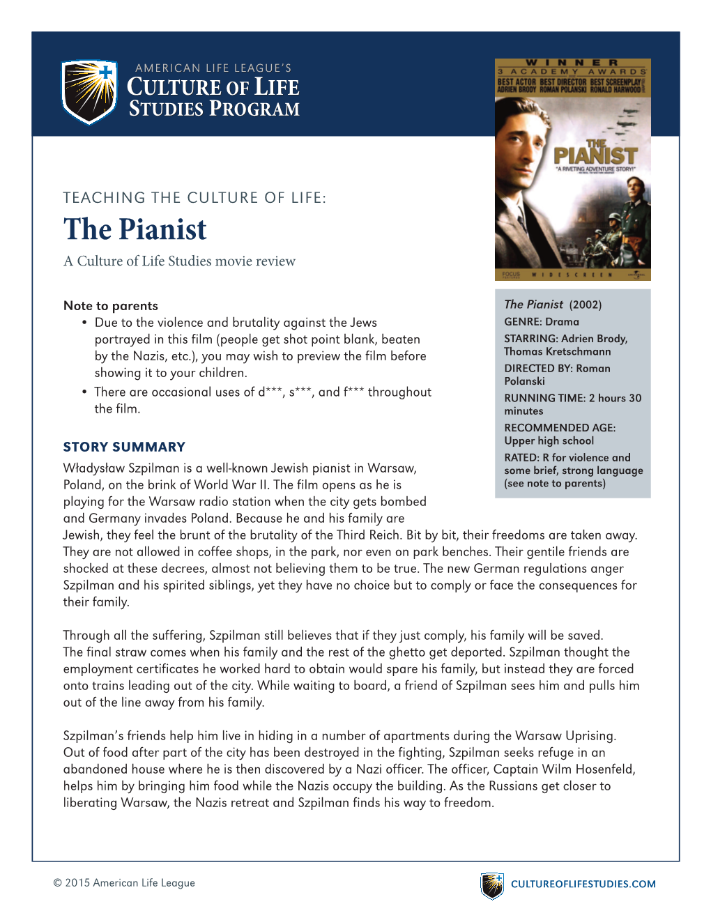 The Pianist a Culture of Life Studies Movie Review