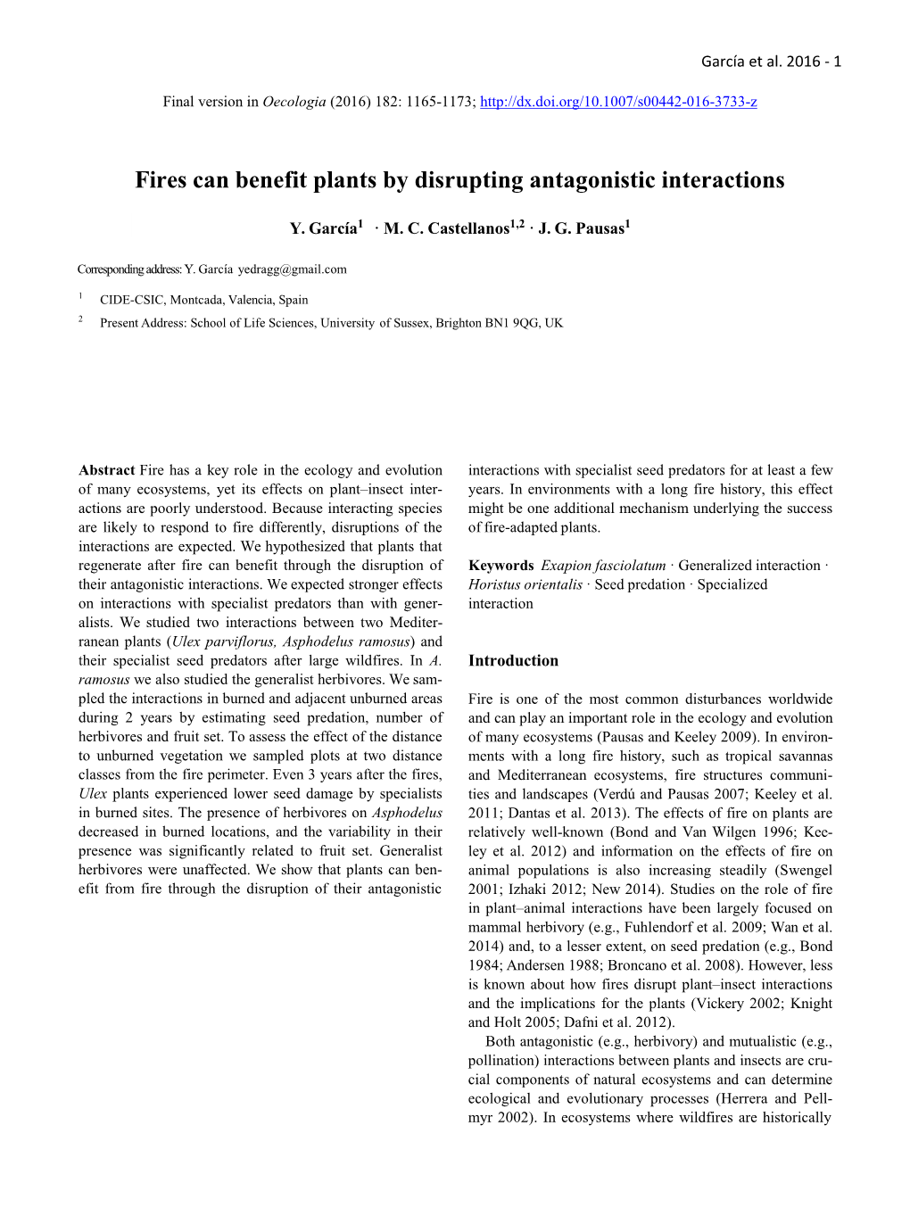 Fires Can Benefit Plants by Disrupting Antagonistic Interactions