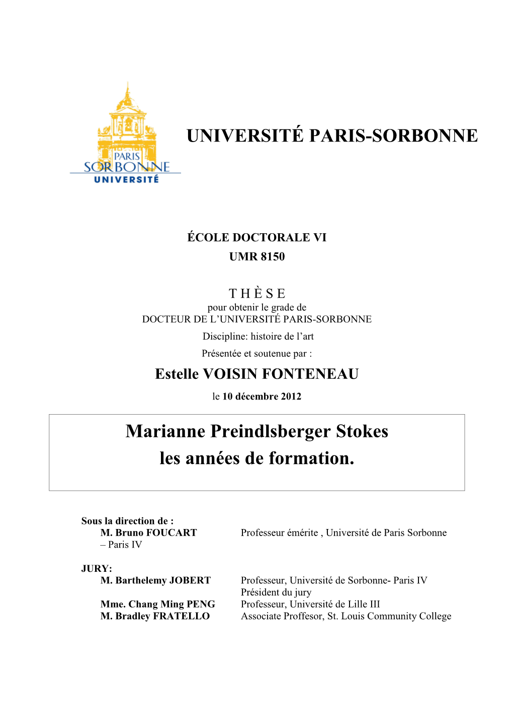 UNIVERSITÉ PARIS-SORBONNE Marianne Preindlsberger Stokes Les