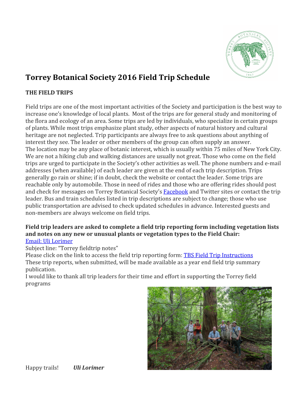 Torrey Botanical Society 2016 Field Trip Schedule