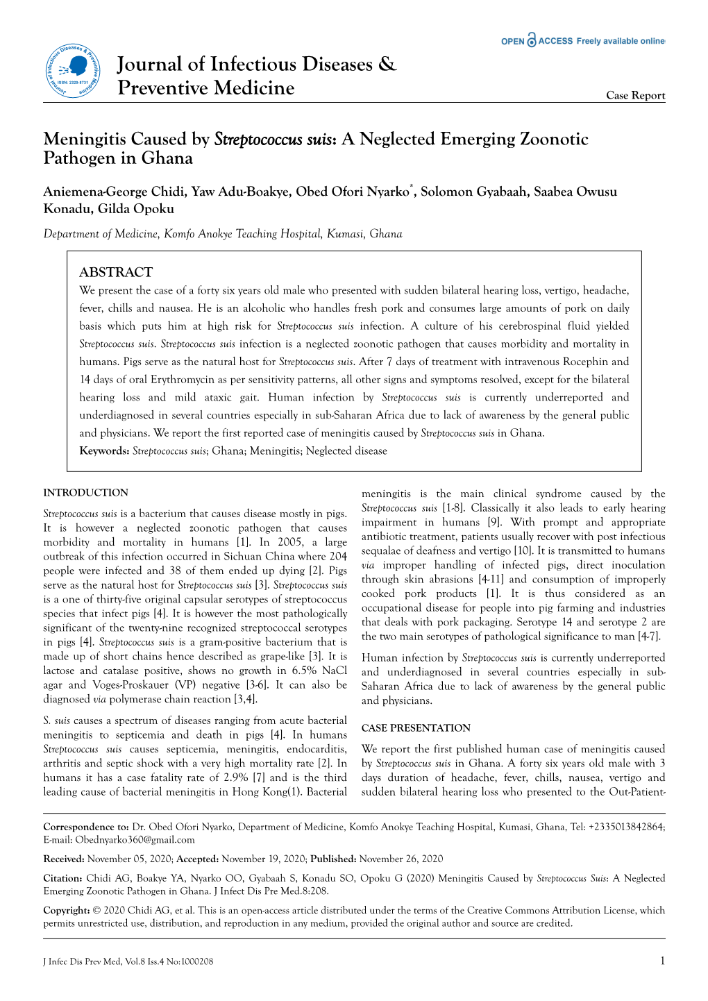 Meningitis Caused by Streptococcus Suis: a Neglected Emerging Zoonotic Pathogen in Ghana