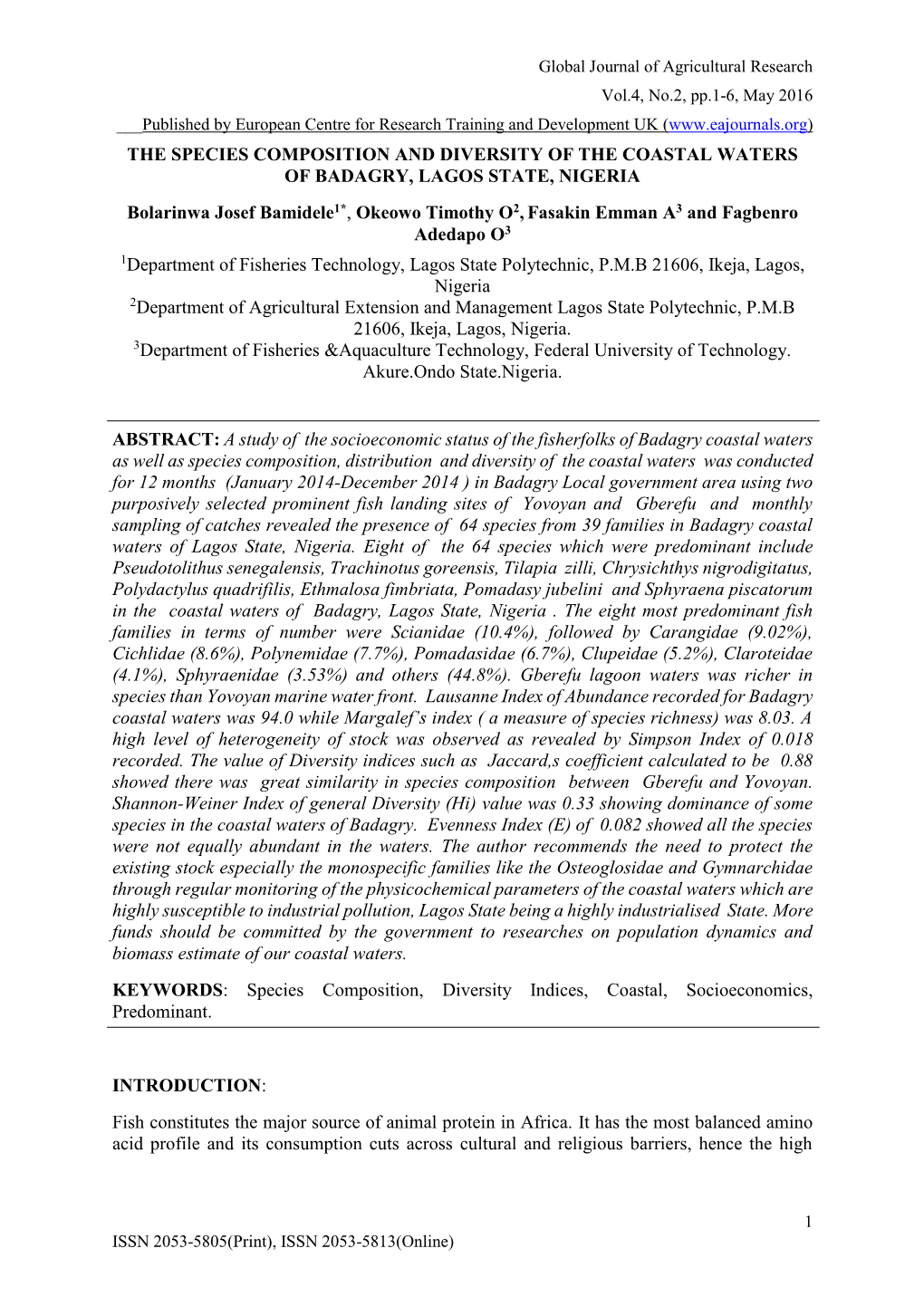 The Species Composition and Diversity of the Coastal