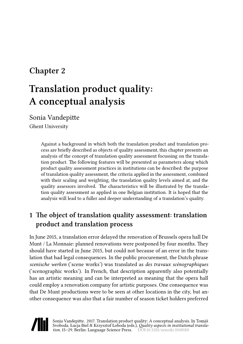 Chapter 2 Translation Product Quality: a Conceptual Analysis Sonia Vandepitte Ghent University